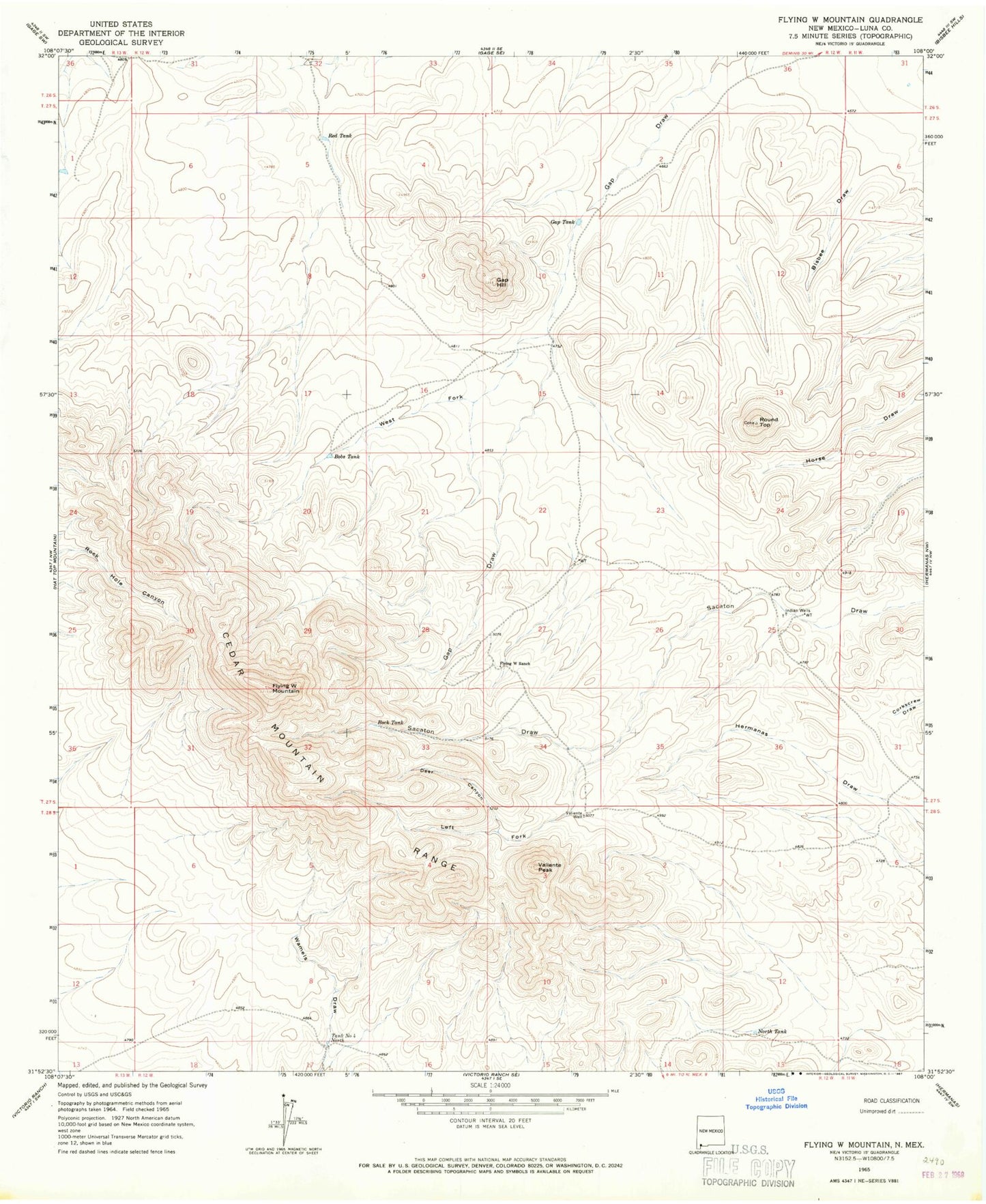 Classic USGS Flying W Mountain New Mexico 7.5'x7.5' Topo Map Image