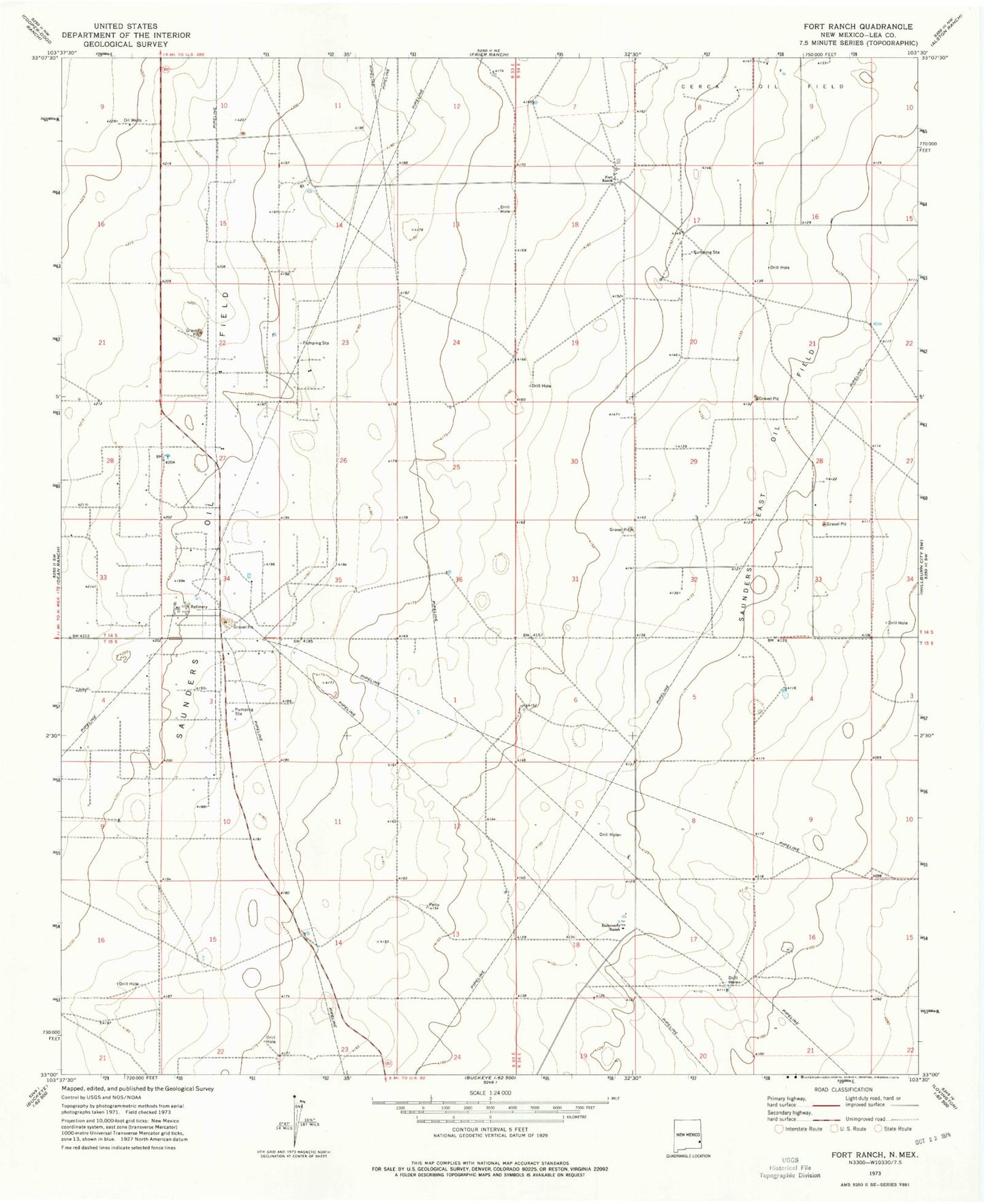 Classic USGS Fort Ranch New Mexico 7.5'x7.5' Topo Map Image