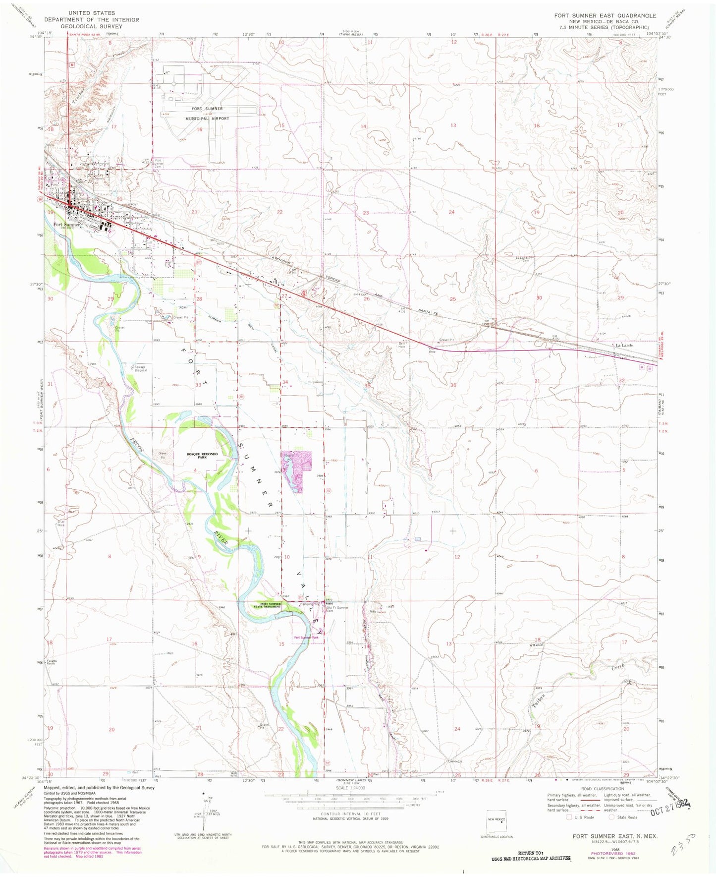 Classic USGS Fort Sumner East New Mexico 7.5'x7.5' Topo Map Image