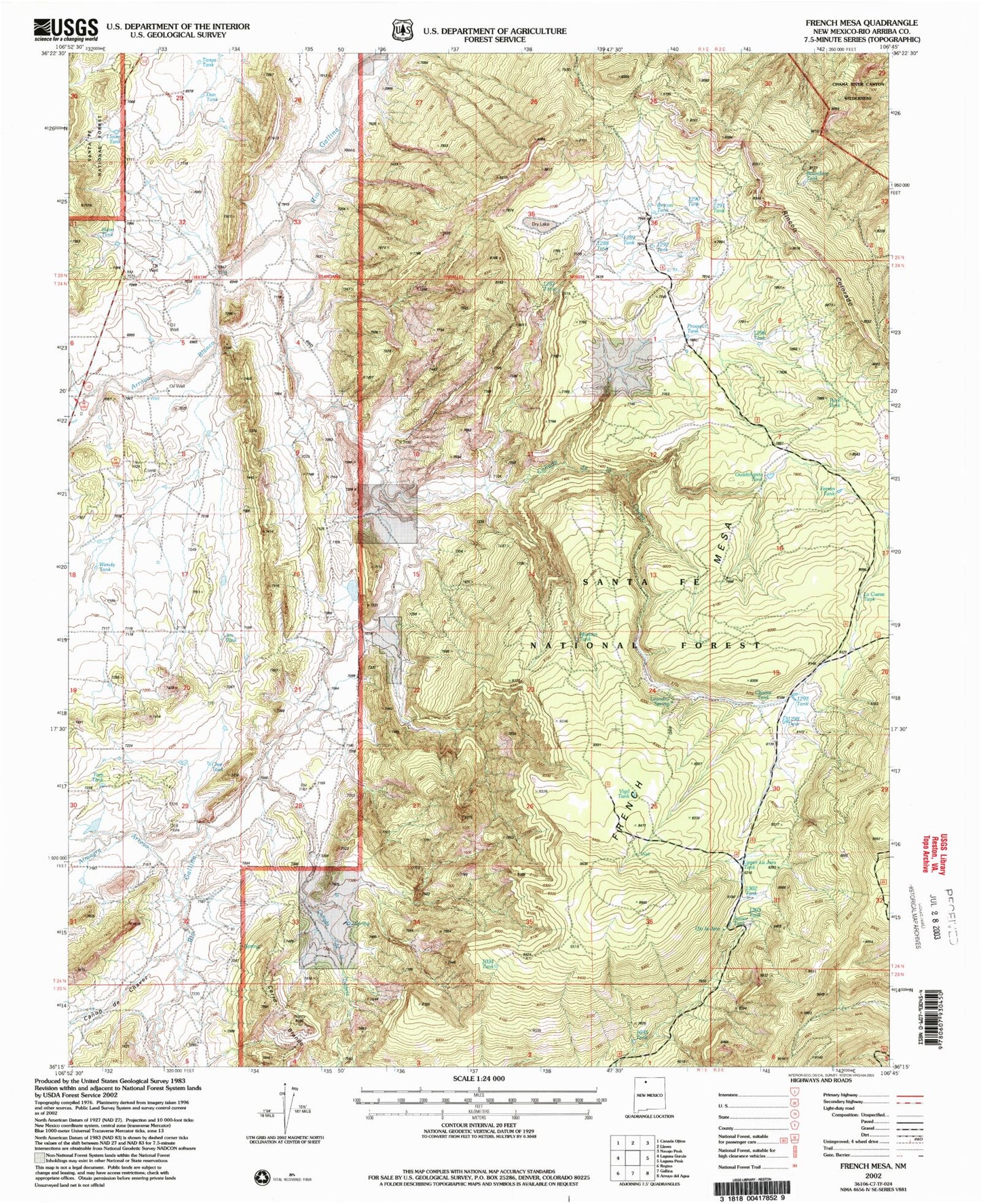 Classic USGS French Mesa New Mexico 7.5'x7.5' Topo Map Image