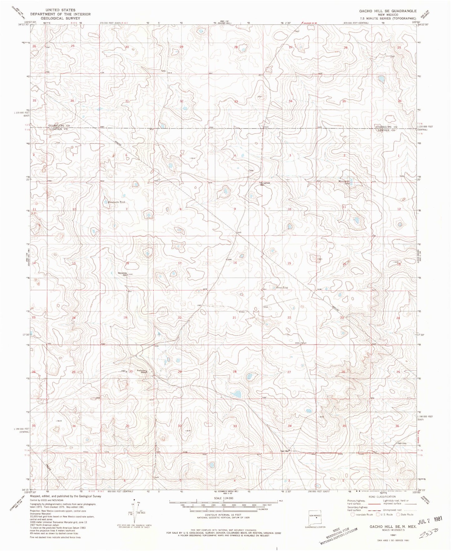 Classic USGS Gacho Hill SE New Mexico 7.5'x7.5' Topo Map Image