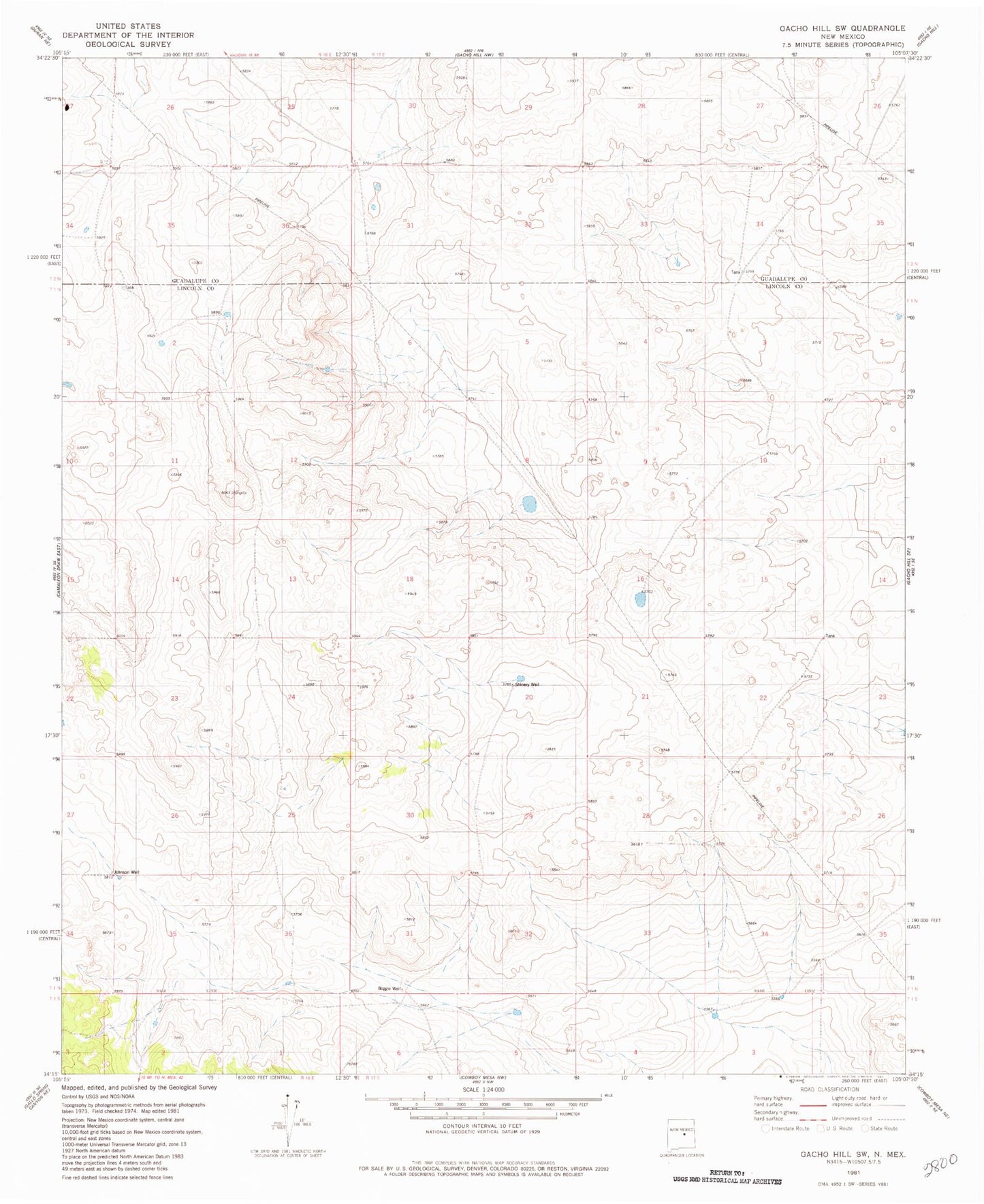 Classic USGS Gacho Hill SW New Mexico 7.5'x7.5' Topo Map Image