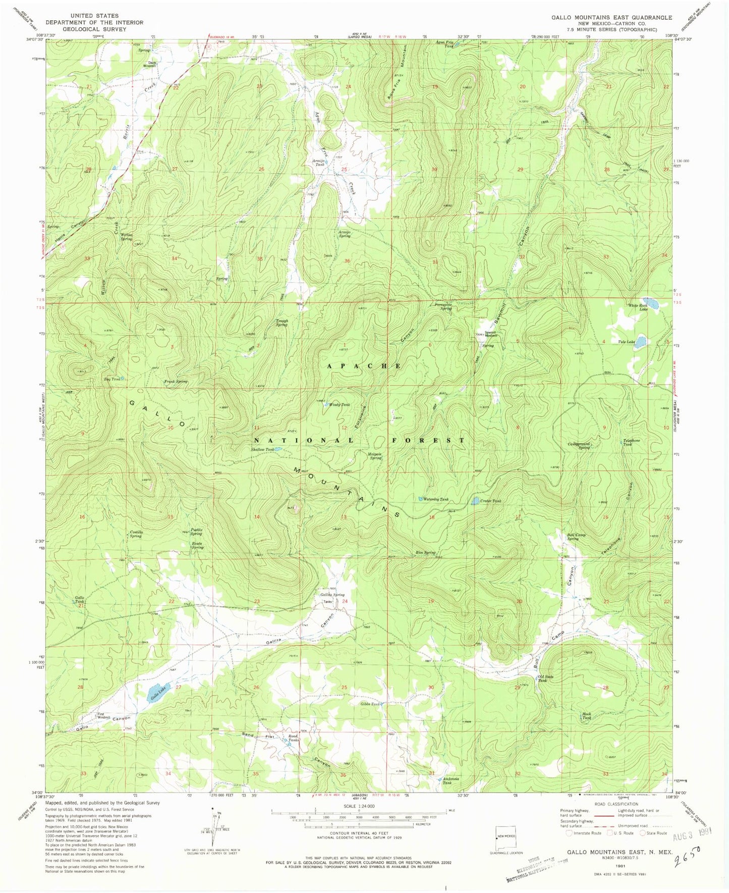 Classic USGS Gallo Mountains East New Mexico 7.5'x7.5' Topo Map Image
