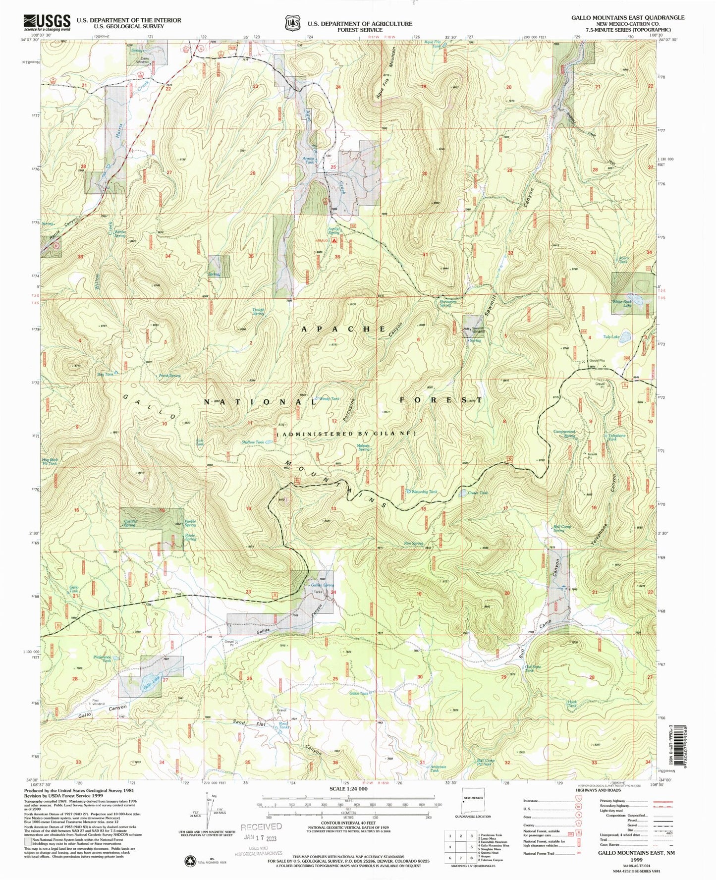 Classic USGS Gallo Mountains East New Mexico 7.5'x7.5' Topo Map Image