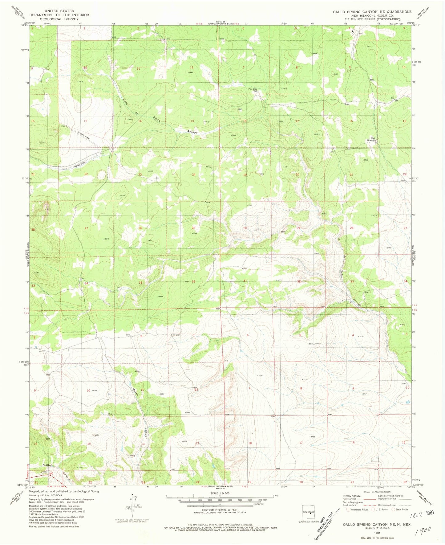 Classic USGS Gallo Spring Canyon NE New Mexico 7.5'x7.5' Topo Map Image