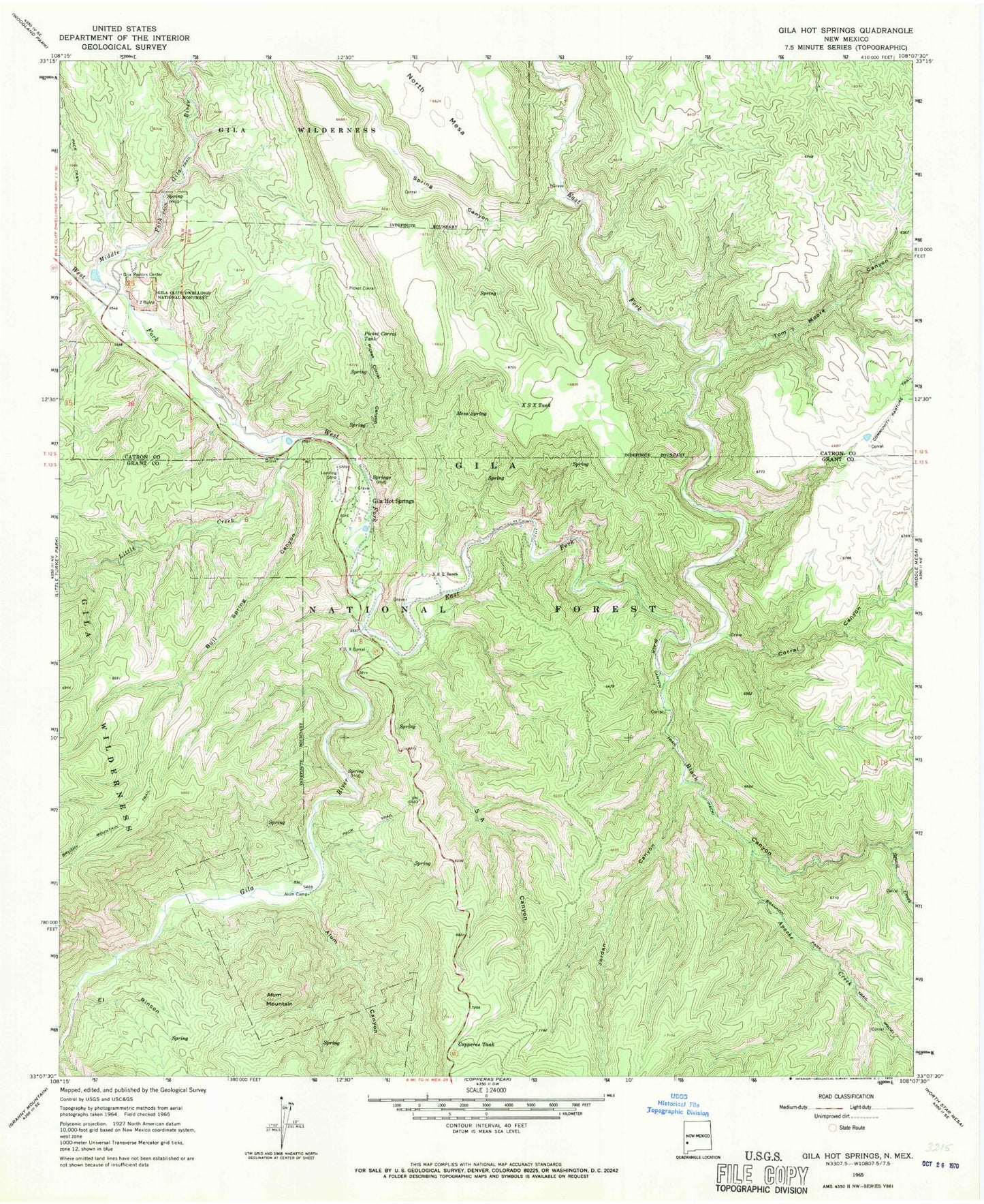 Classic USGS Gila Hot Springs New Mexico 7.5'x7.5' Topo Map Image