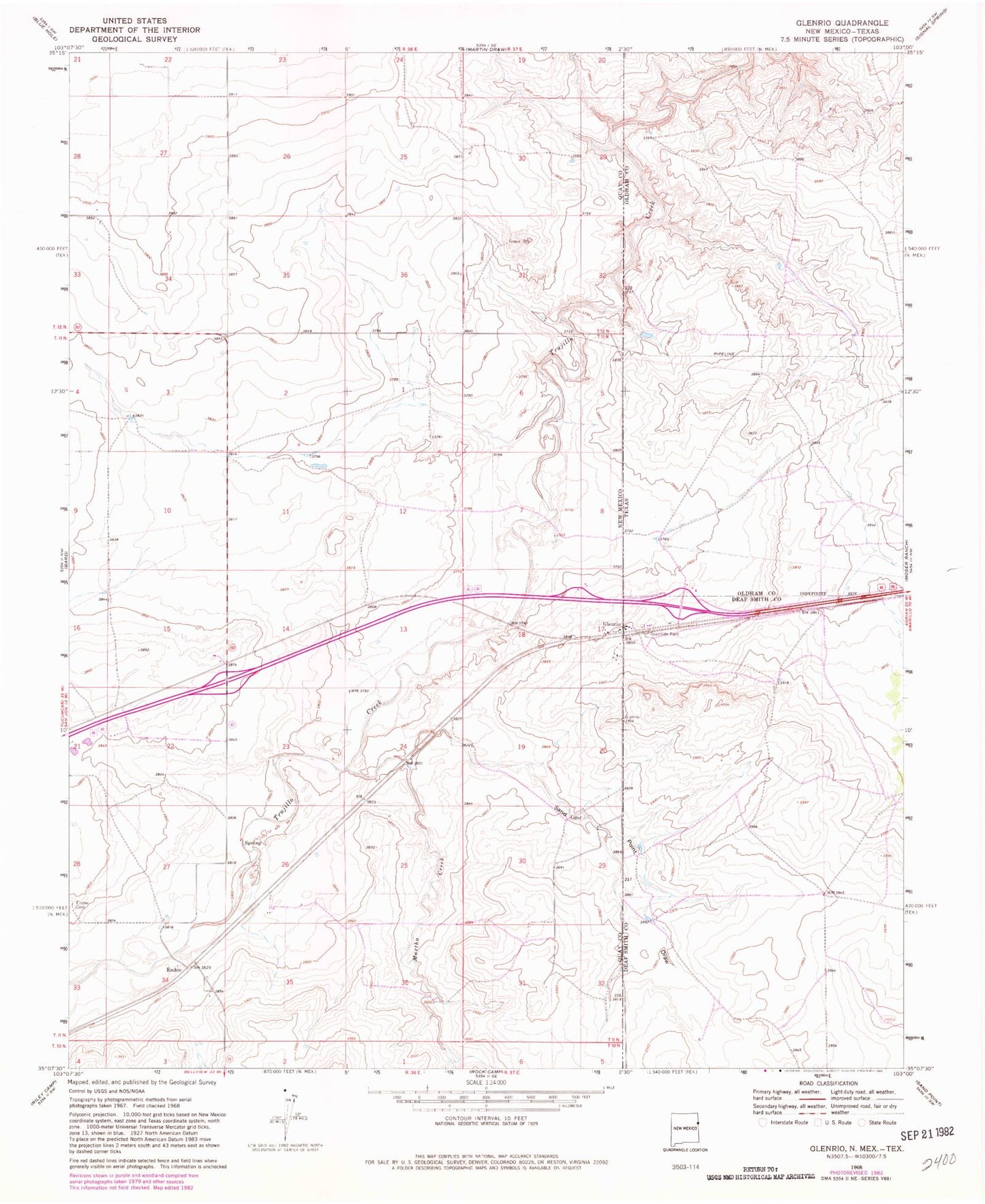 Classic USGS Glenrio New Mexico 7.5'x7.5' Topo Map Image