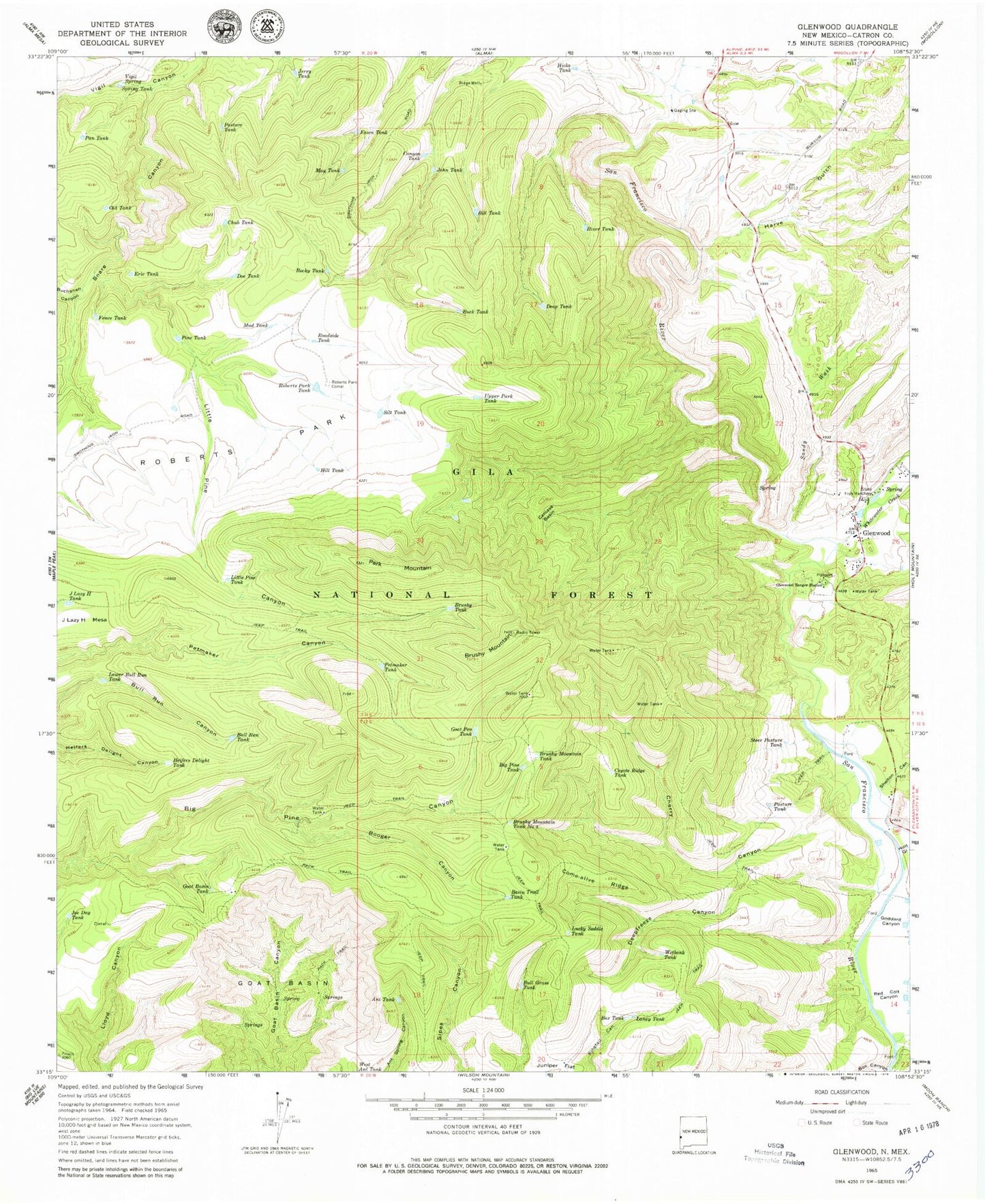 Classic USGS Glenwood New Mexico 7.5'x7.5' Topo Map Image