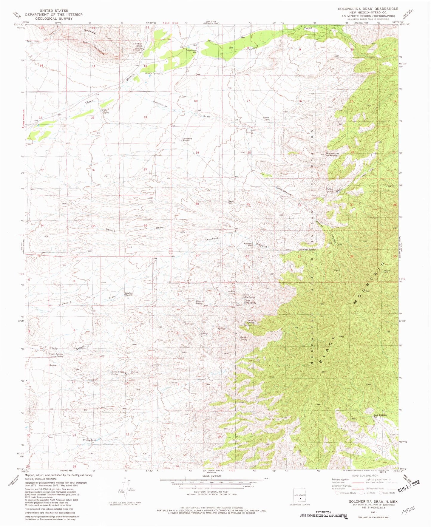Classic USGS Golondrina Draw New Mexico 7.5'x7.5' Topo Map Image