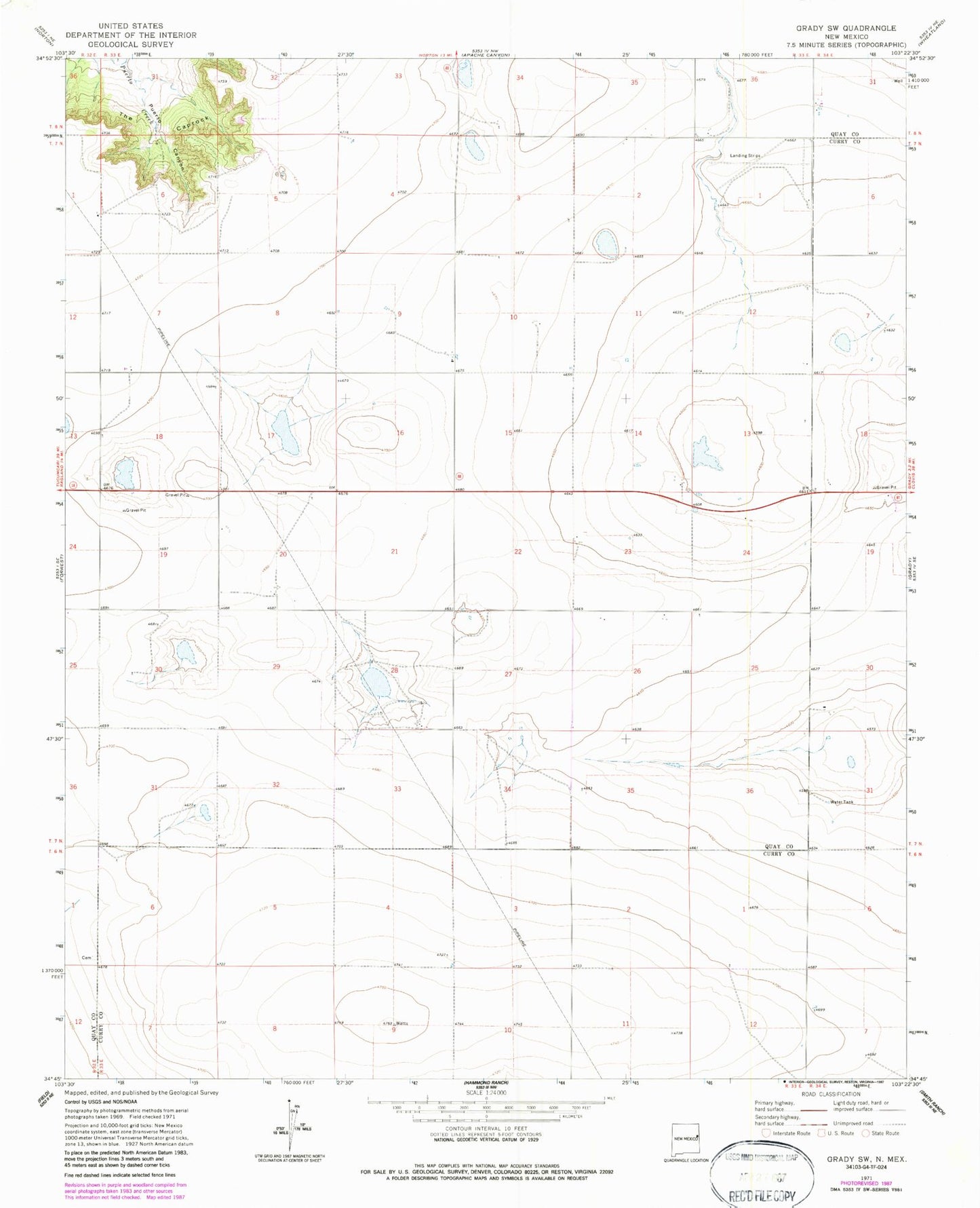 Classic USGS Grady SW New Mexico 7.5'x7.5' Topo Map Image