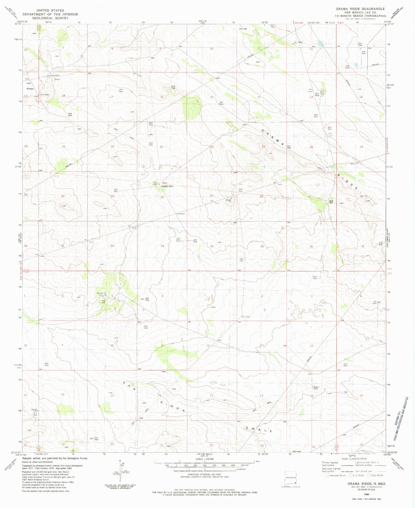 Classic USGS Grama Ridge New Mexico 7.5'x7.5' Topo Map Image