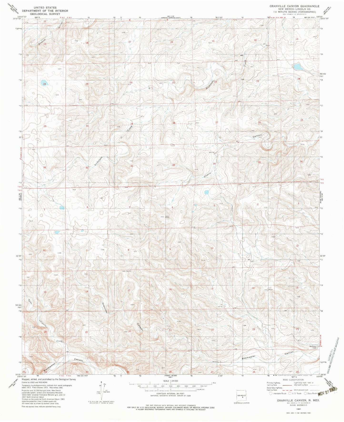 Classic USGS Granville Canyon New Mexico 7.5'x7.5' Topo Map Image