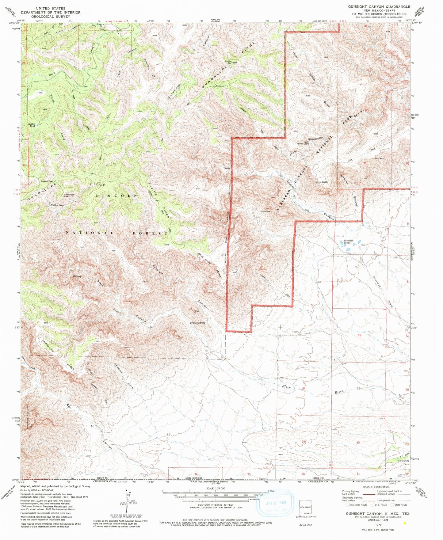 Classic USGS Gunsight Canyon New Mexico 7.5'x7.5' Topo Map Image
