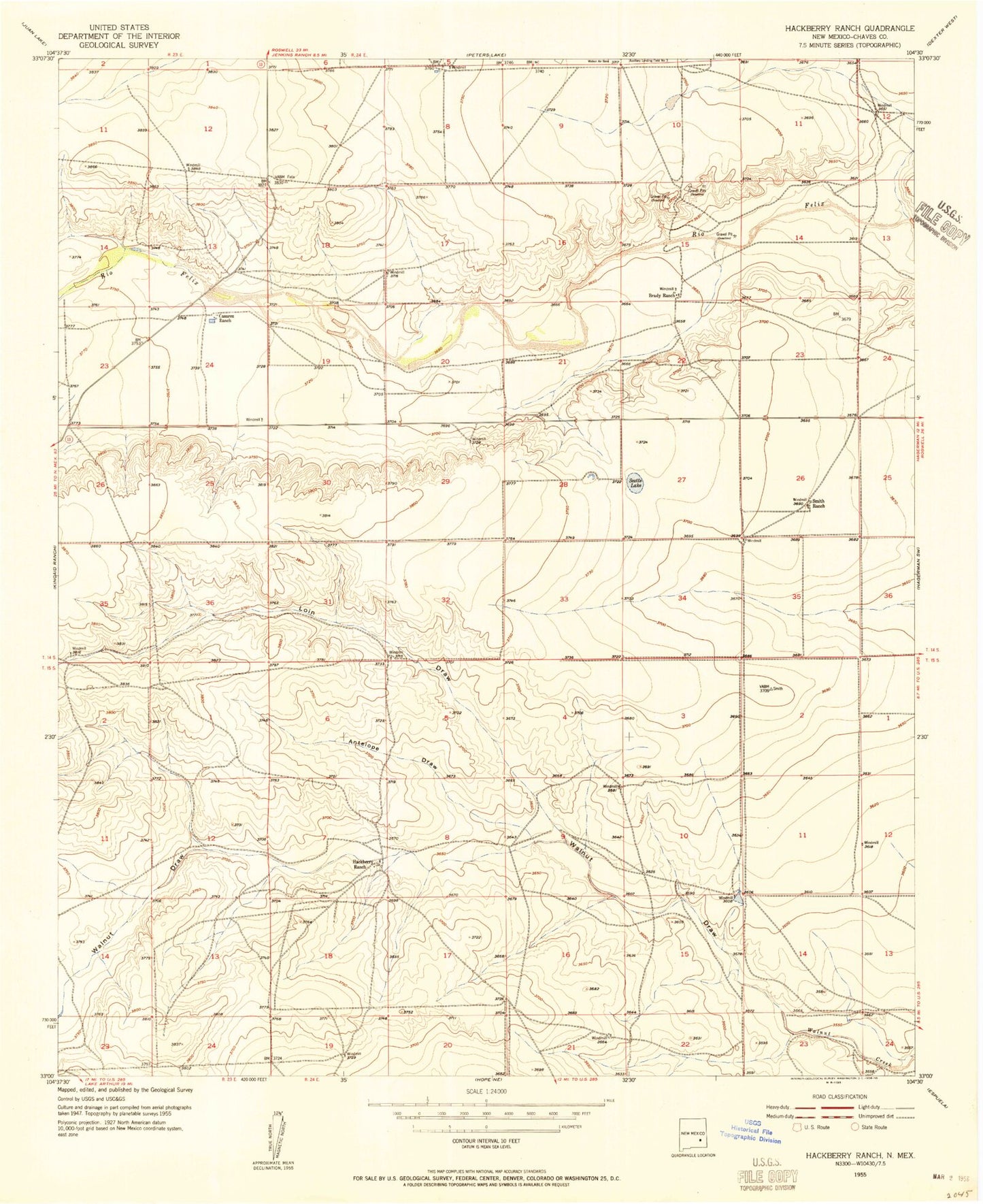 Classic USGS Hackberry Ranch New Mexico 7.5'x7.5' Topo Map Image