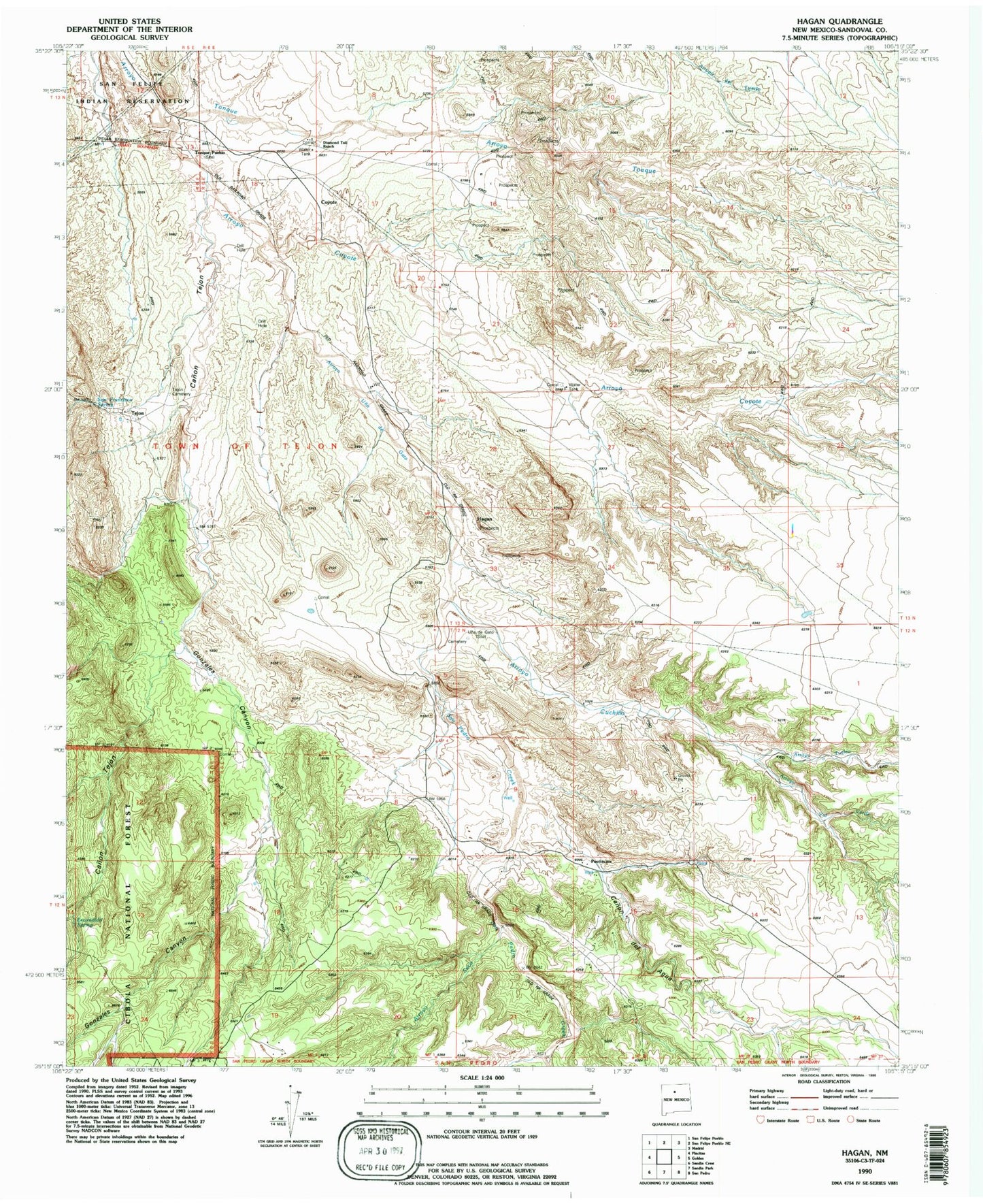 Classic USGS Hagan New Mexico 7.5'x7.5' Topo Map Image