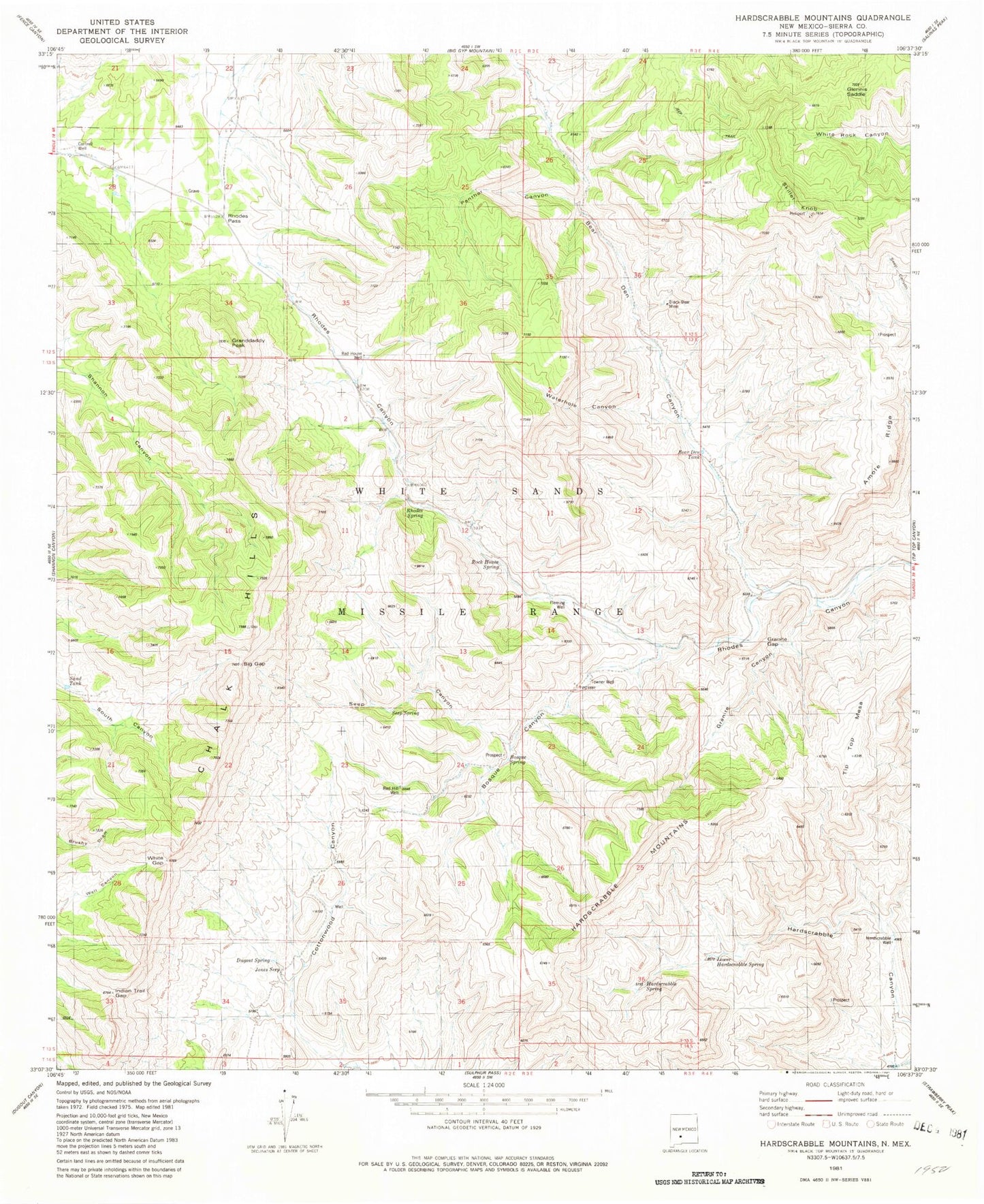 Classic USGS Hardscrabble Mountains New Mexico 7.5'x7.5' Topo Map Image