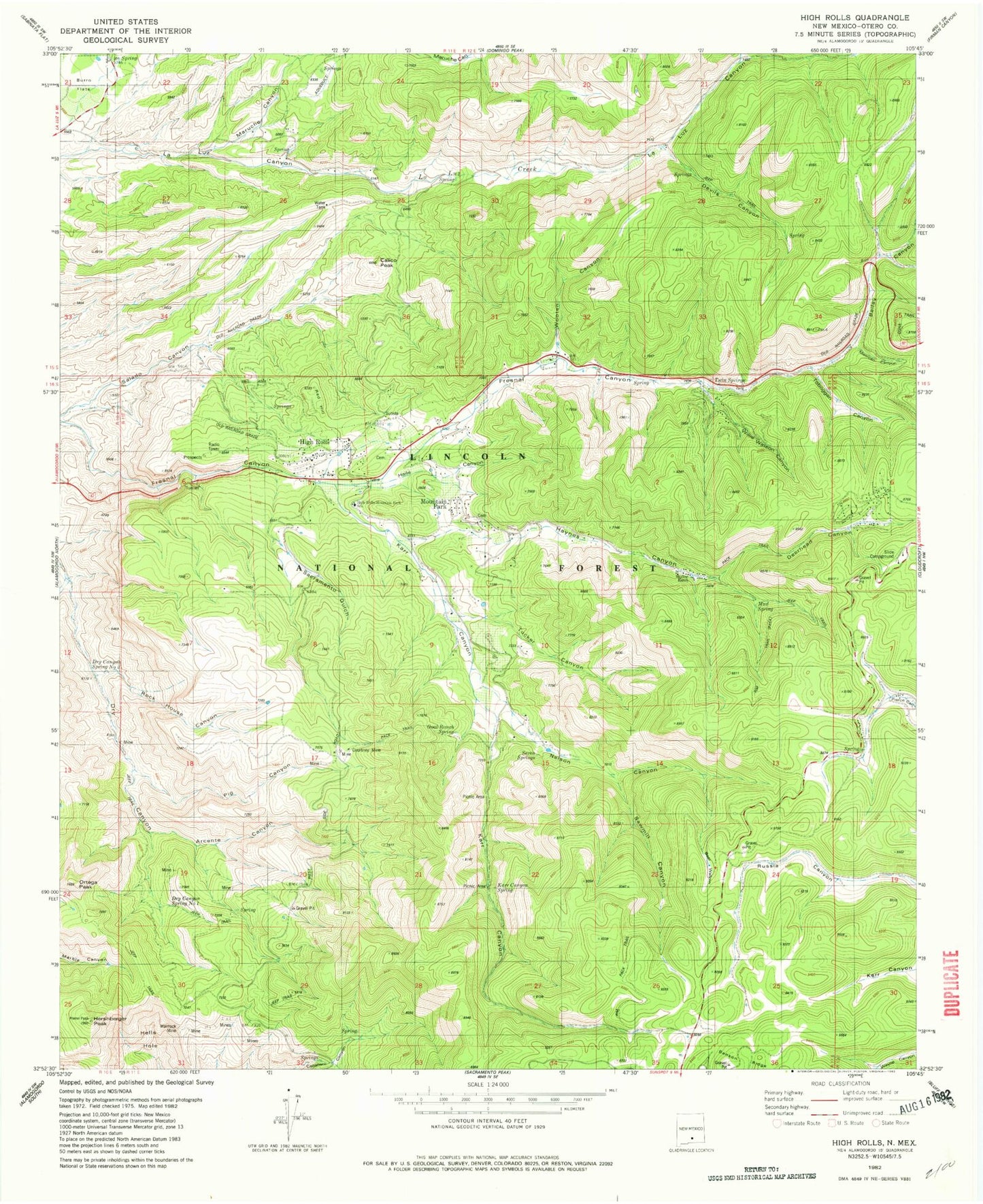 Classic USGS High Rolls New Mexico 7.5'x7.5' Topo Map Image