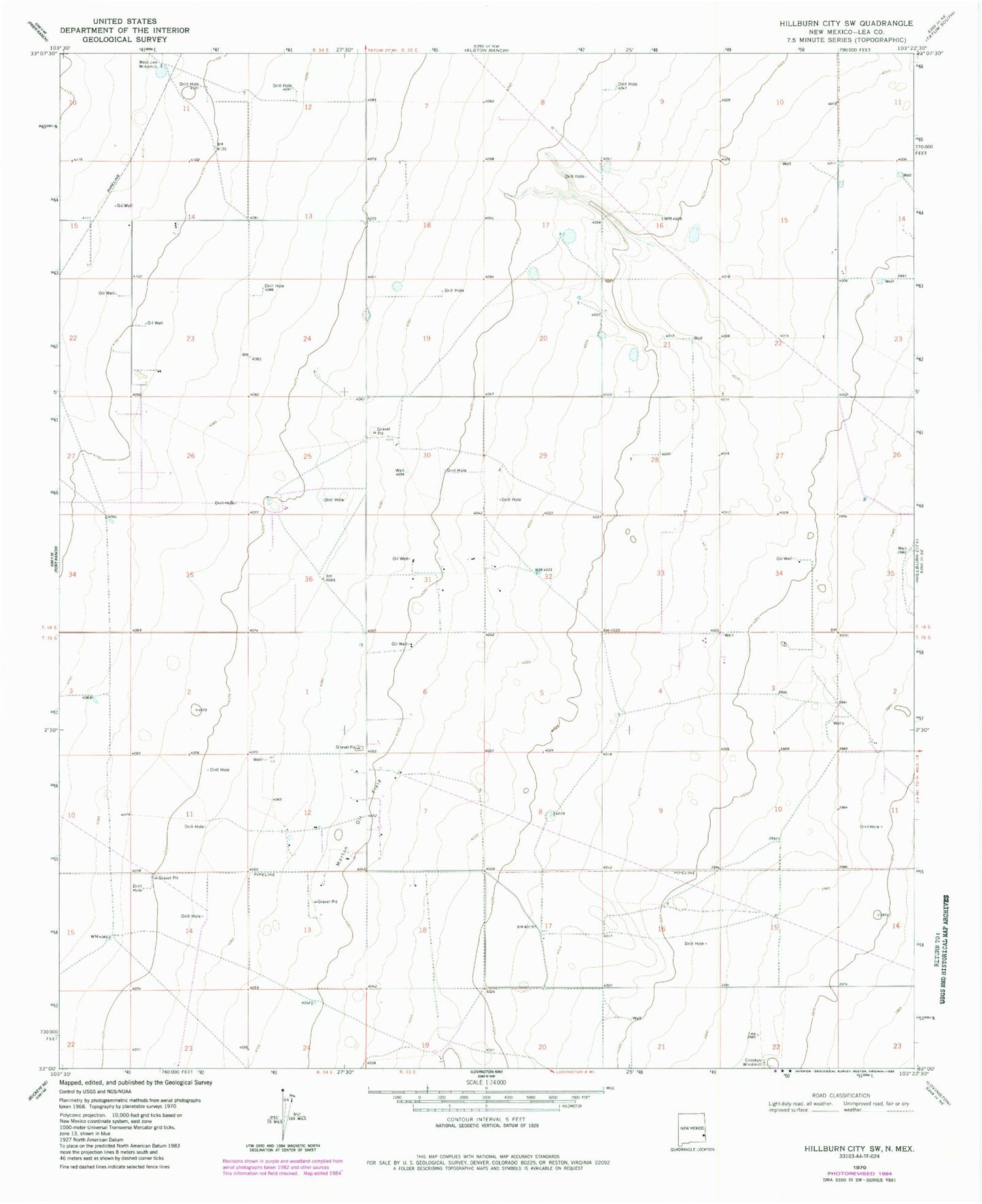 Classic USGS Hillburn City SW New Mexico 7.5'x7.5' Topo Map Image