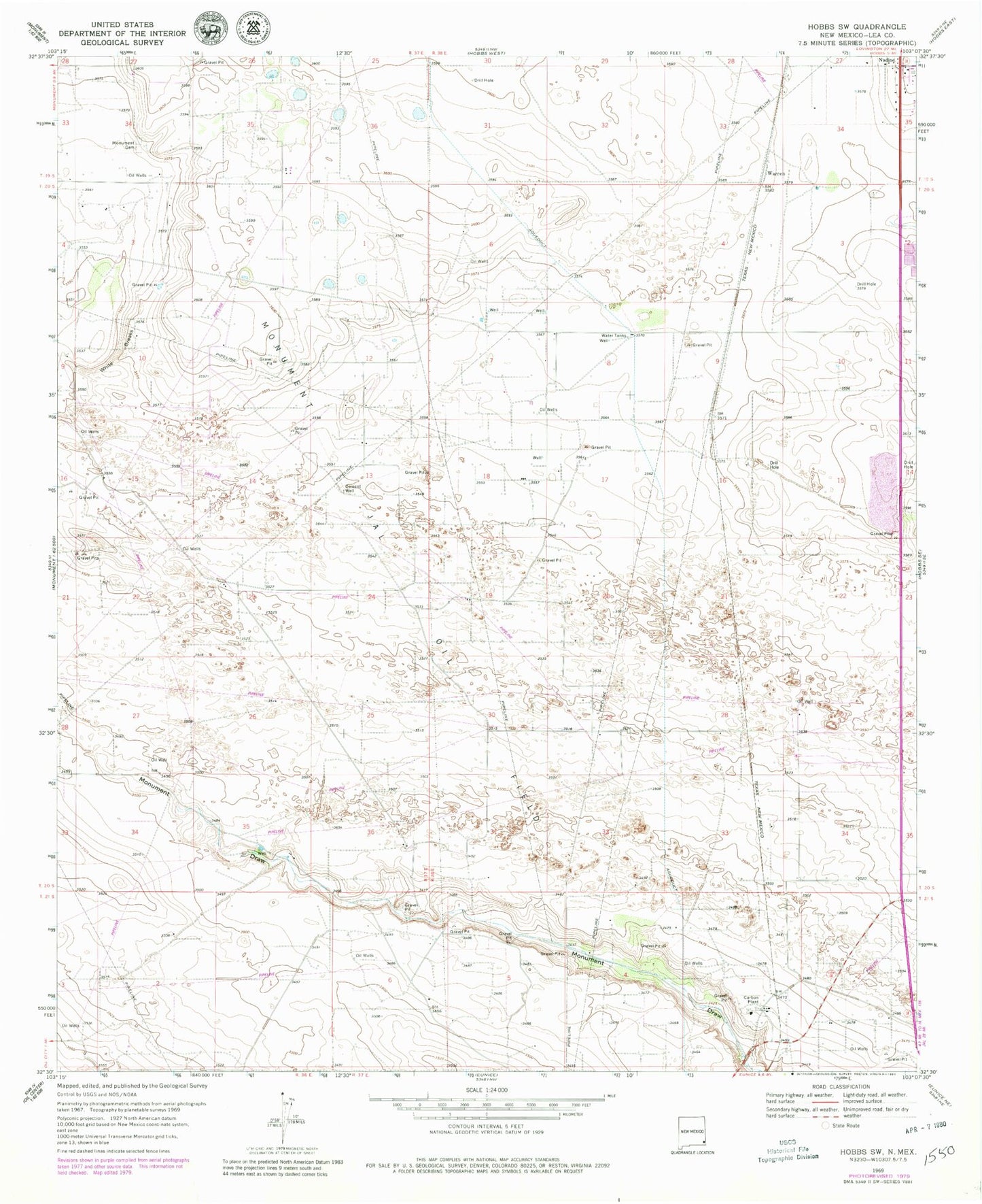 Classic USGS Hobbs SW New Mexico 7.5'x7.5' Topo Map Image