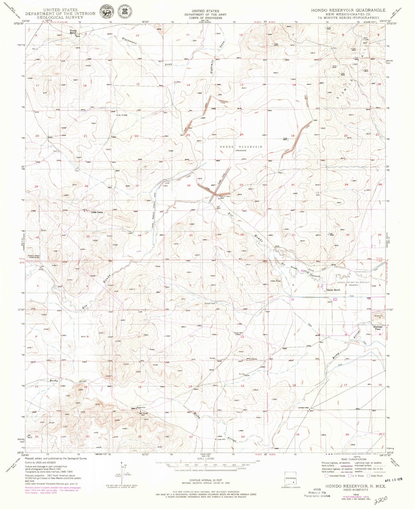Classic USGS Hondo Reservoir New Mexico 7.5'x7.5' Topo Map Image