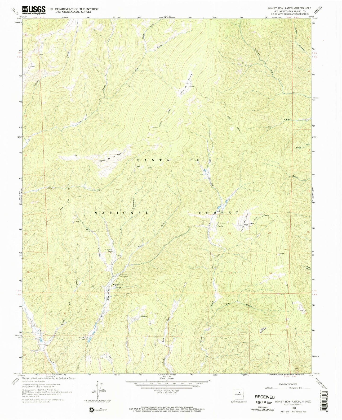 Classic USGS Honey Boy Ranch New Mexico 7.5'x7.5' Topo Map Image