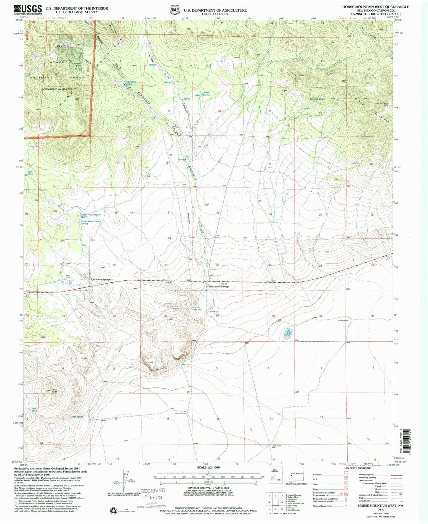 Classic USGS Horse Mountain West New Mexico 7.5'x7.5' Topo Map Image