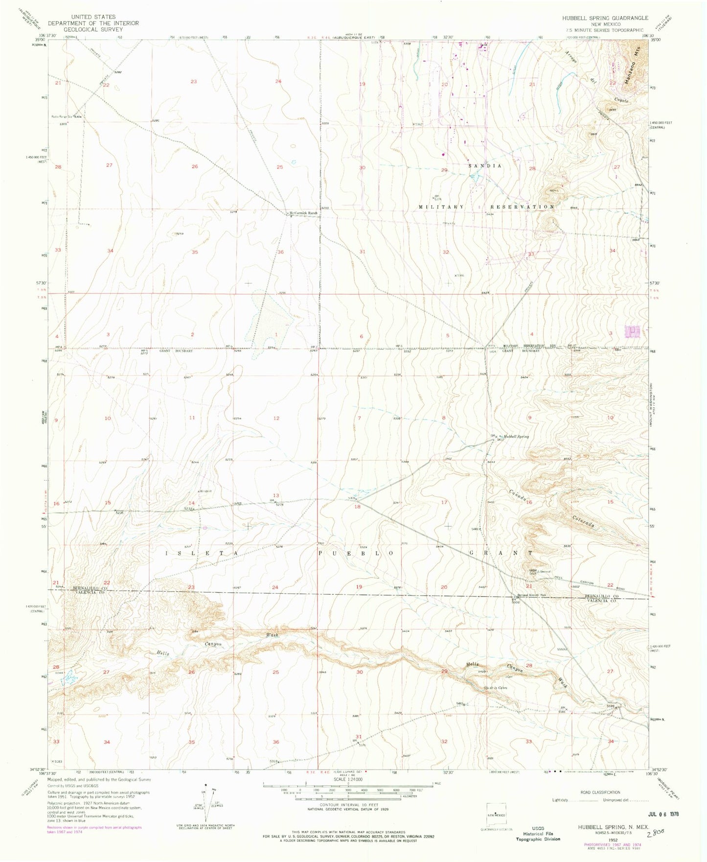 Classic USGS Hubbell Spring New Mexico 7.5'x7.5' Topo Map Image