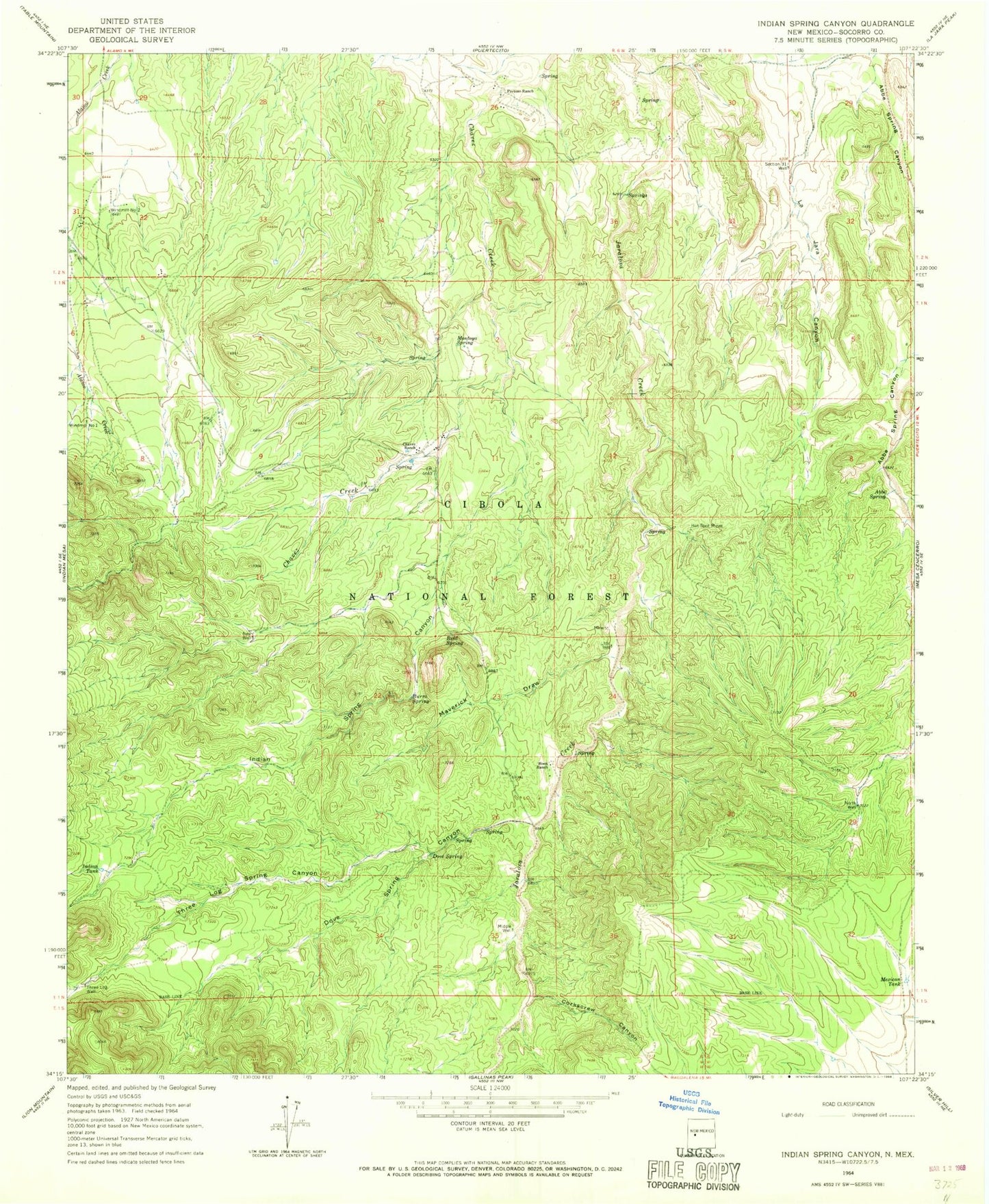 Classic USGS Indian Spring Canyon New Mexico 7.5'x7.5' Topo Map Image