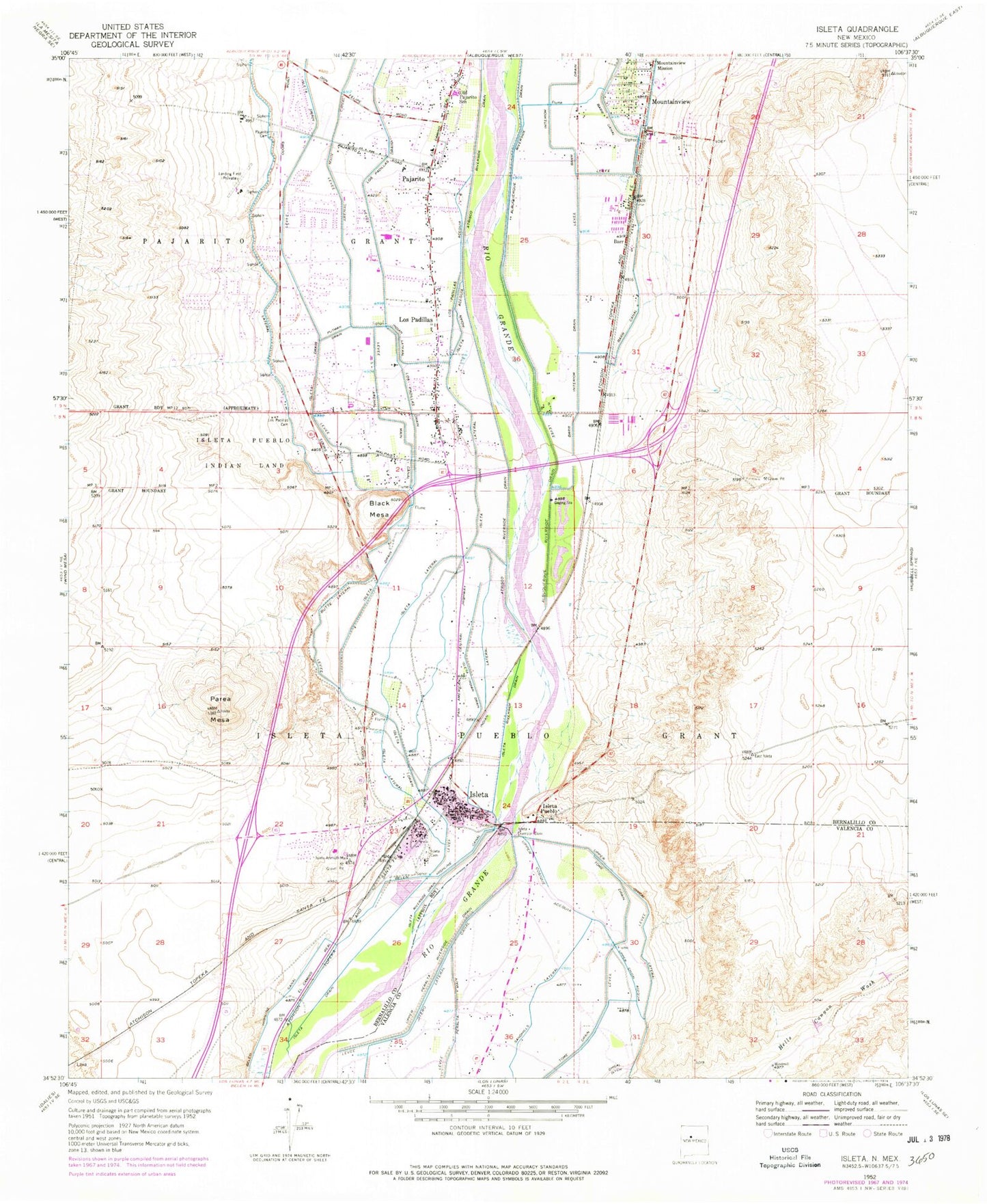Classic USGS Isleta New Mexico 7.5'x7.5' Topo Map Image