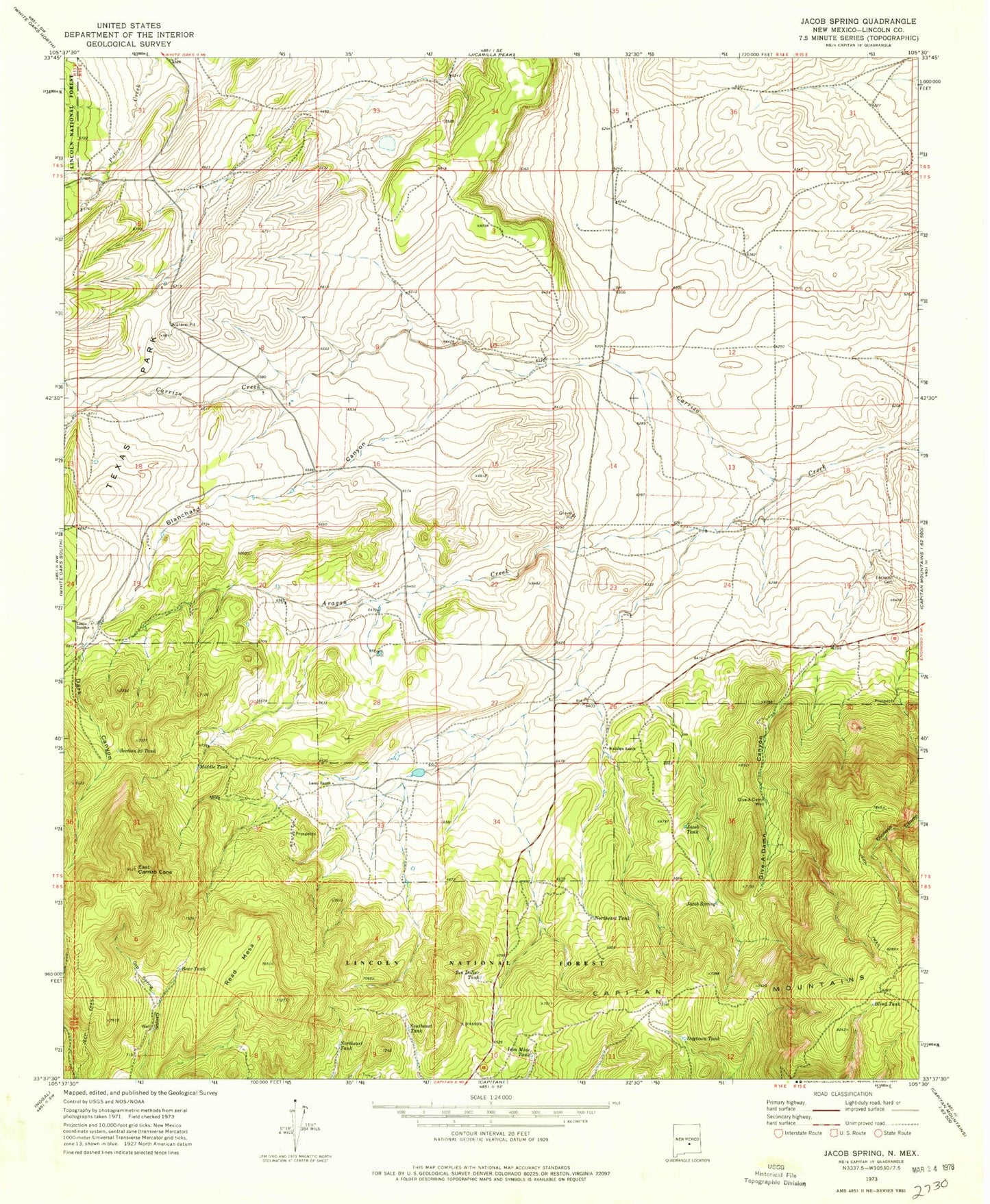 Classic USGS Jacob Spring New Mexico 7.5'x7.5' Topo Map Image