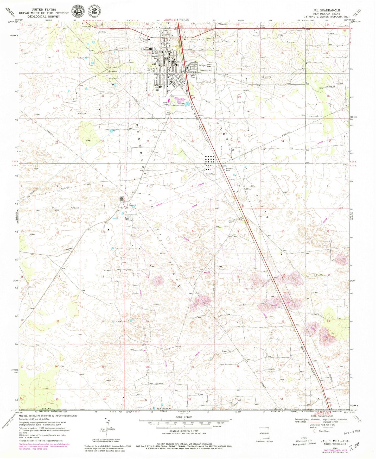 Classic USGS Jal New Mexico 7.5'x7.5' Topo Map Image