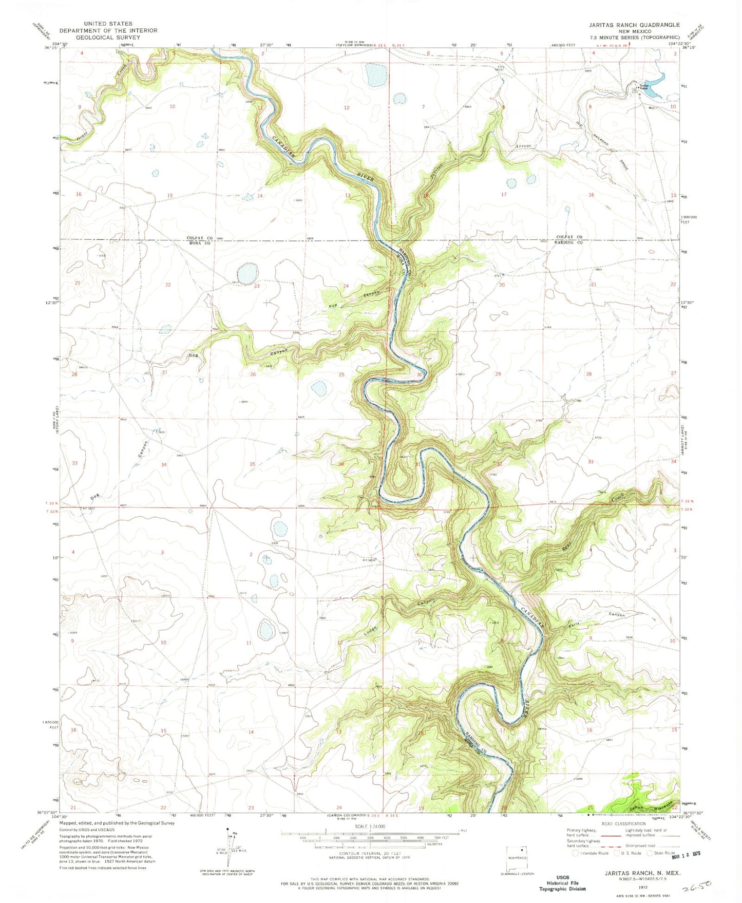Classic USGS Jaritas Ranch New Mexico 7.5'x7.5' Topo Map Image