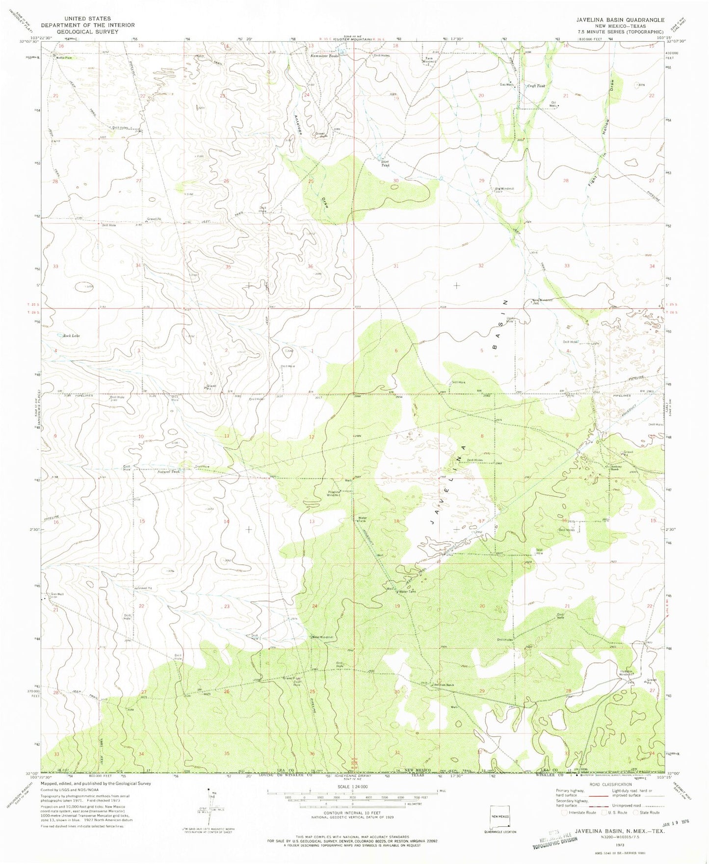 Classic USGS Javelina Basin New Mexico 7.5'x7.5' Topo Map Image
