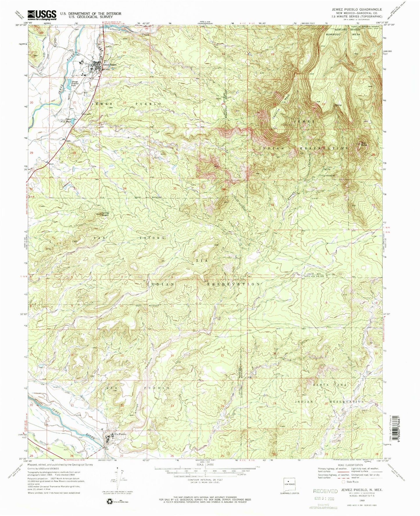 Classic USGS Jemez Pueblo New Mexico 7.5'x7.5' Topo Map Image