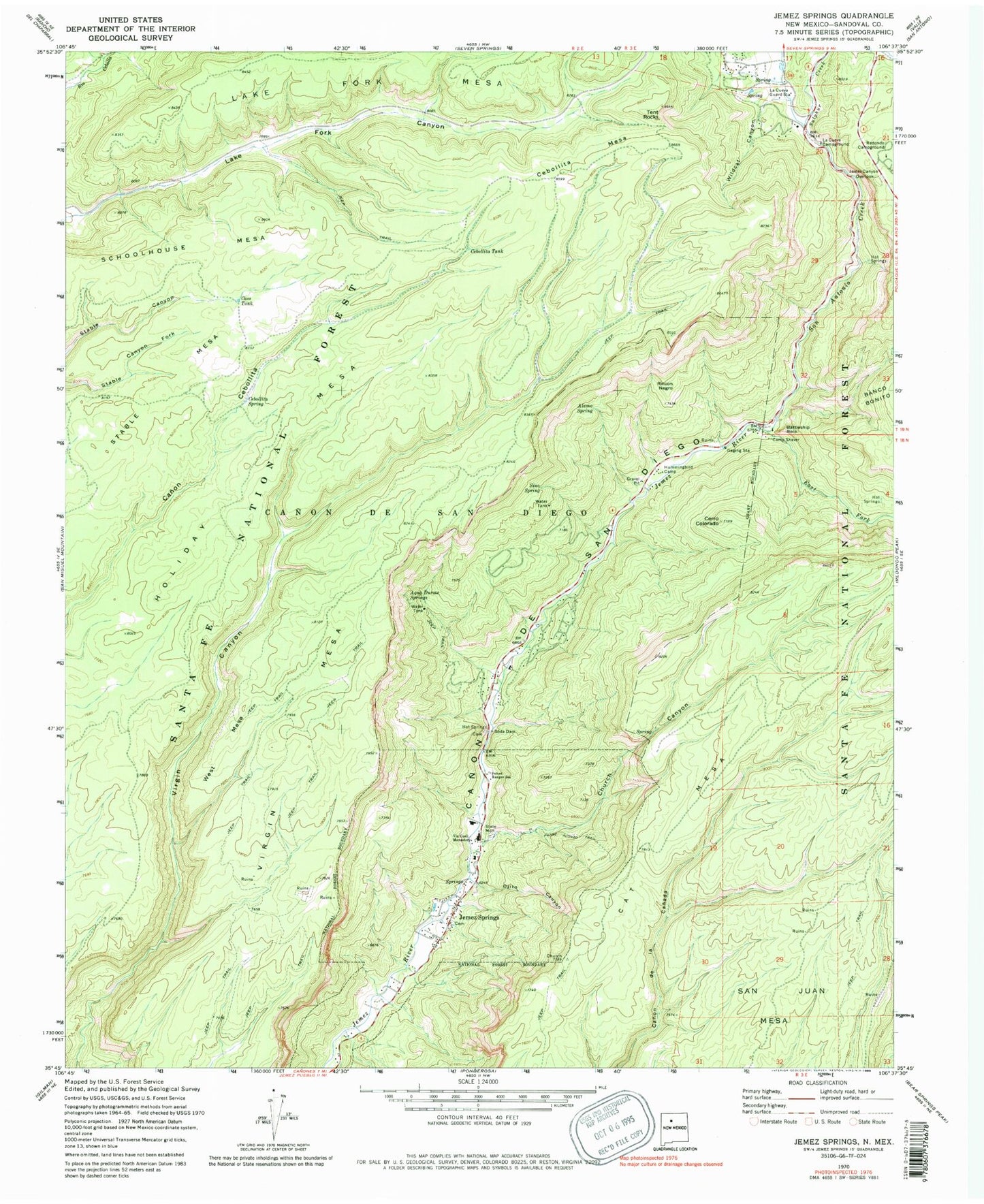 Classic USGS Jemez Springs New Mexico 7.5'x7.5' Topo Map Image