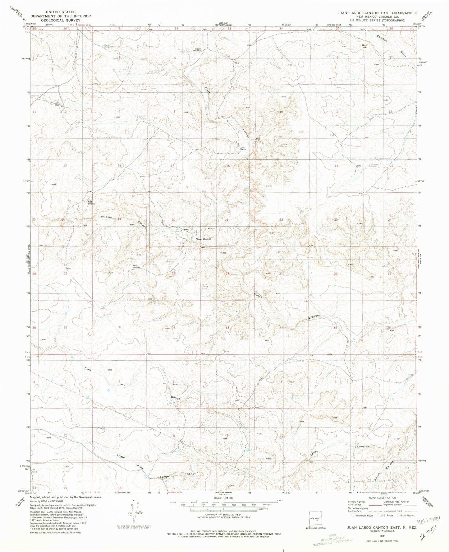 Classic USGS Juan Largo Canyon East New Mexico 7.5'x7.5' Topo Map Image