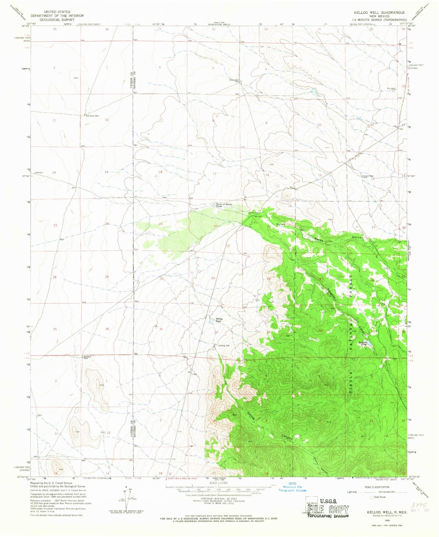 Classic USGS Kellog Well New Mexico 7.5'x7.5' Topo Map Image
