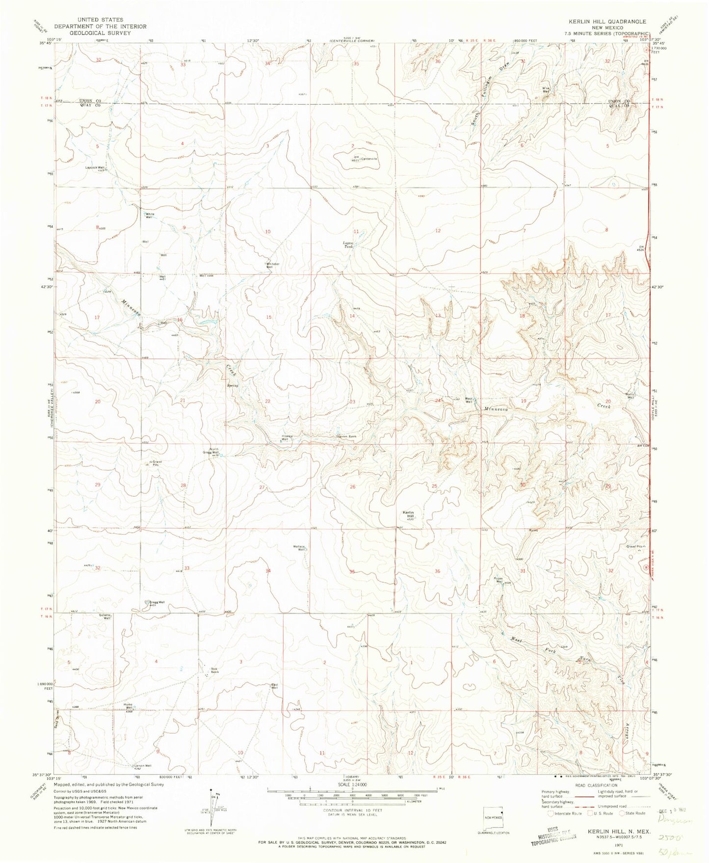 Classic USGS Kerlin Hill New Mexico 7.5'x7.5' Topo Map Image