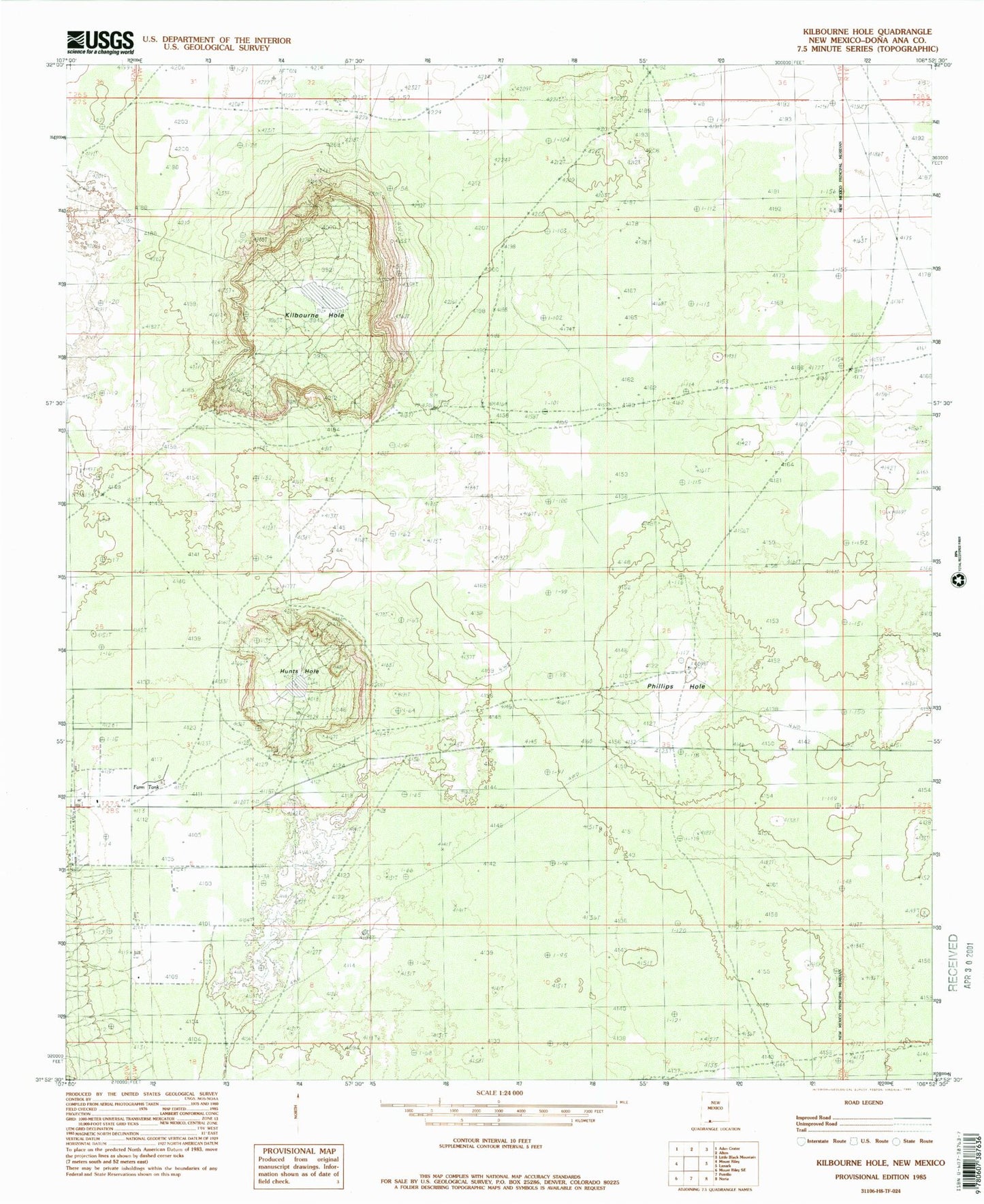 Classic USGS Kilbourne Hole New Mexico 7.5'x7.5' Topo Map Image