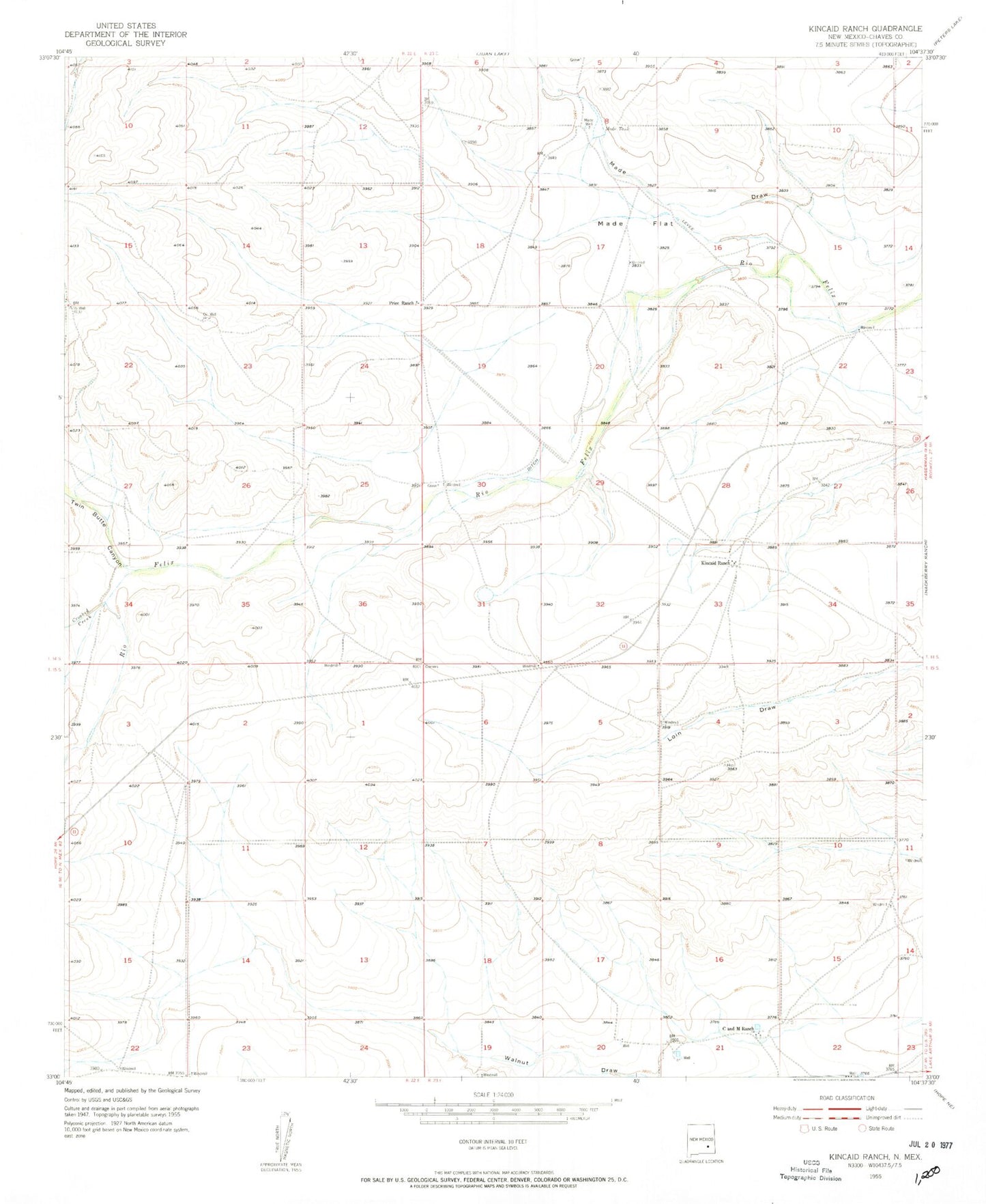 Classic USGS Kincaid Ranch New Mexico 7.5'x7.5' Topo Map Image