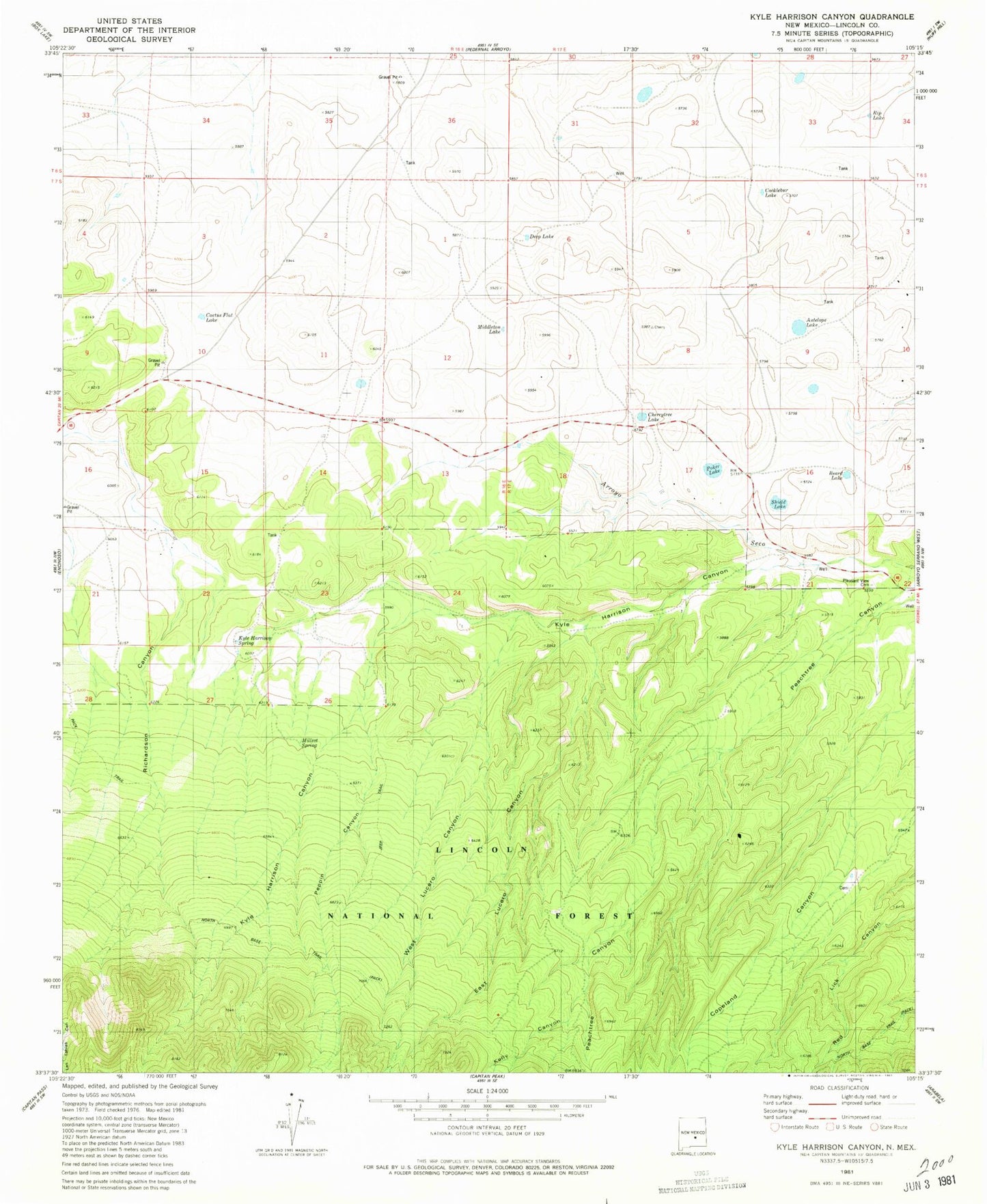 Classic USGS Kyle Harrison Canyon New Mexico 7.5'x7.5' Topo Map Image