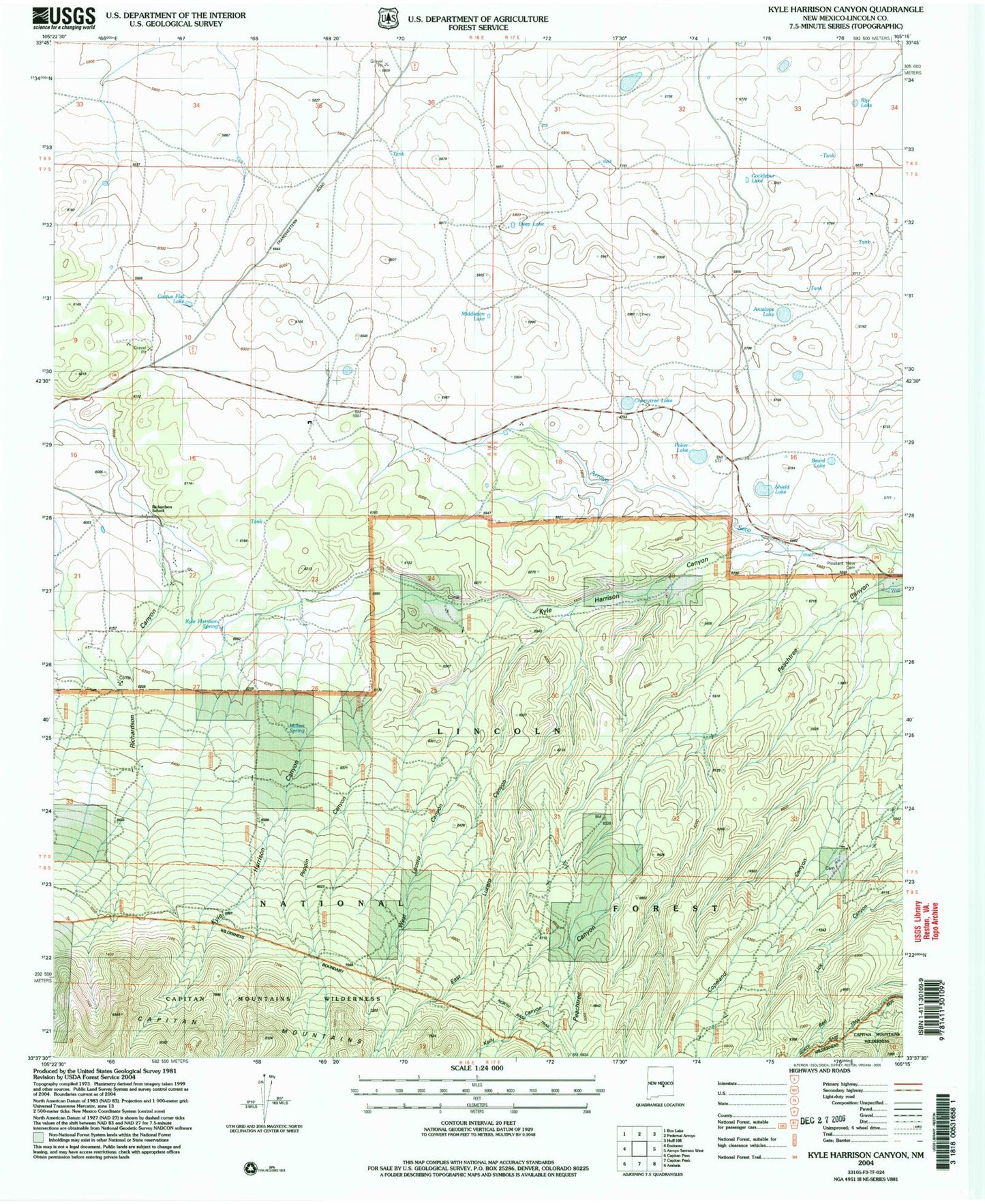 Classic USGS Kyle Harrison Canyon New Mexico 7.5'x7.5' Topo Map Image