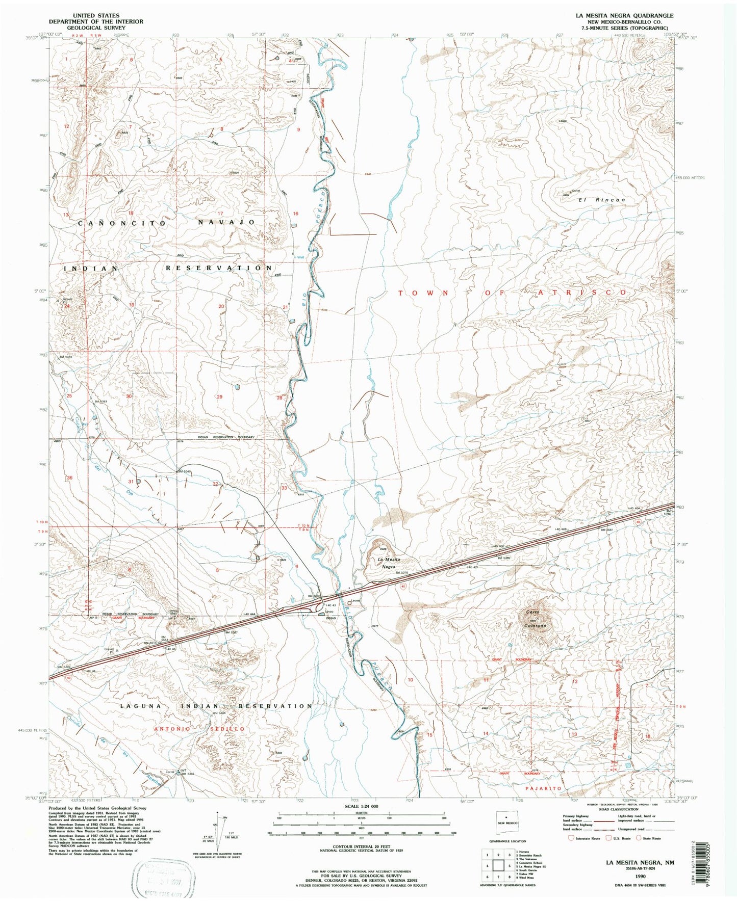 Classic USGS La Mesita Negra New Mexico 7.5'x7.5' Topo Map Image