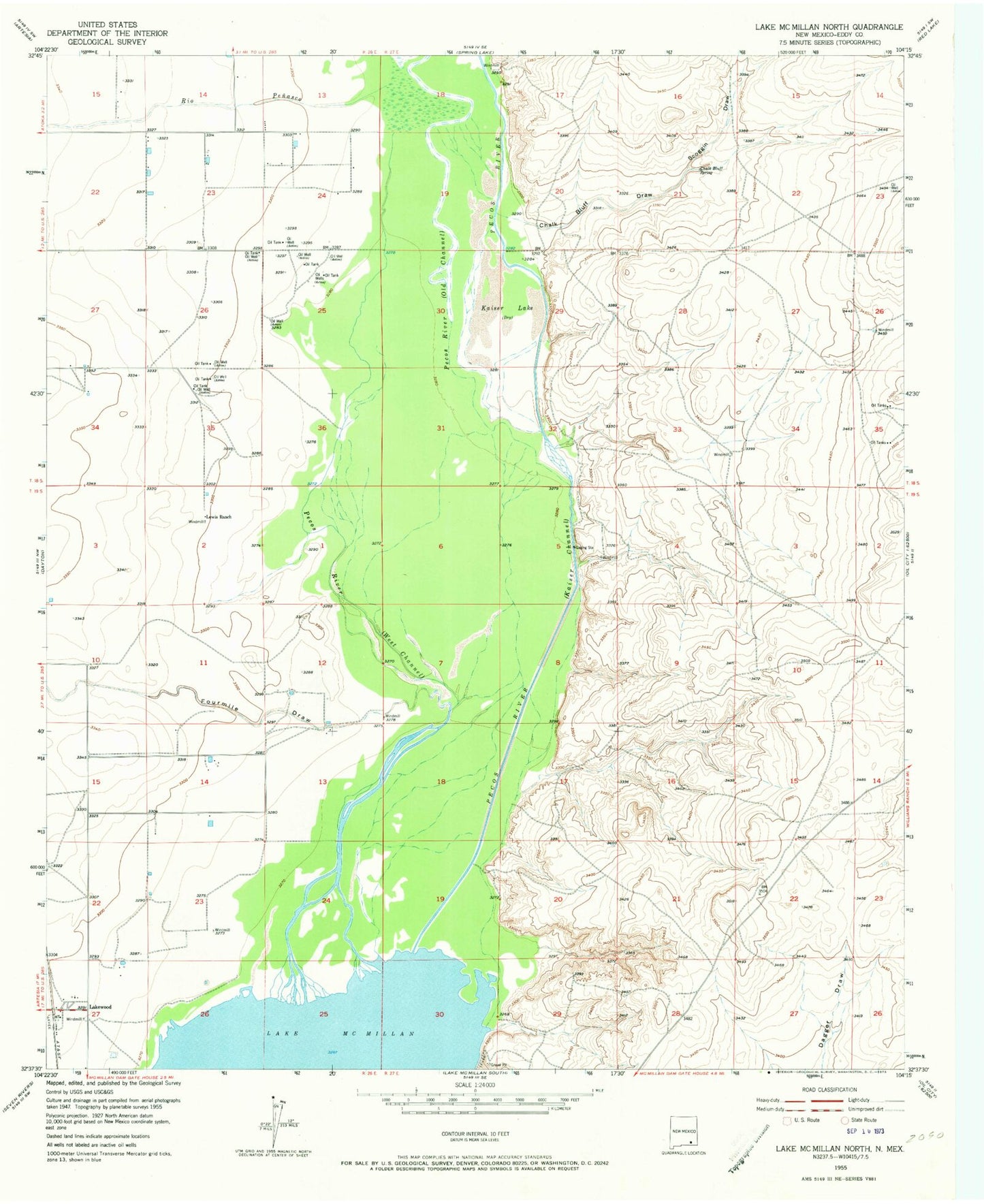 Classic USGS Lake McMillan North New Mexico 7.5'x7.5' Topo Map Image