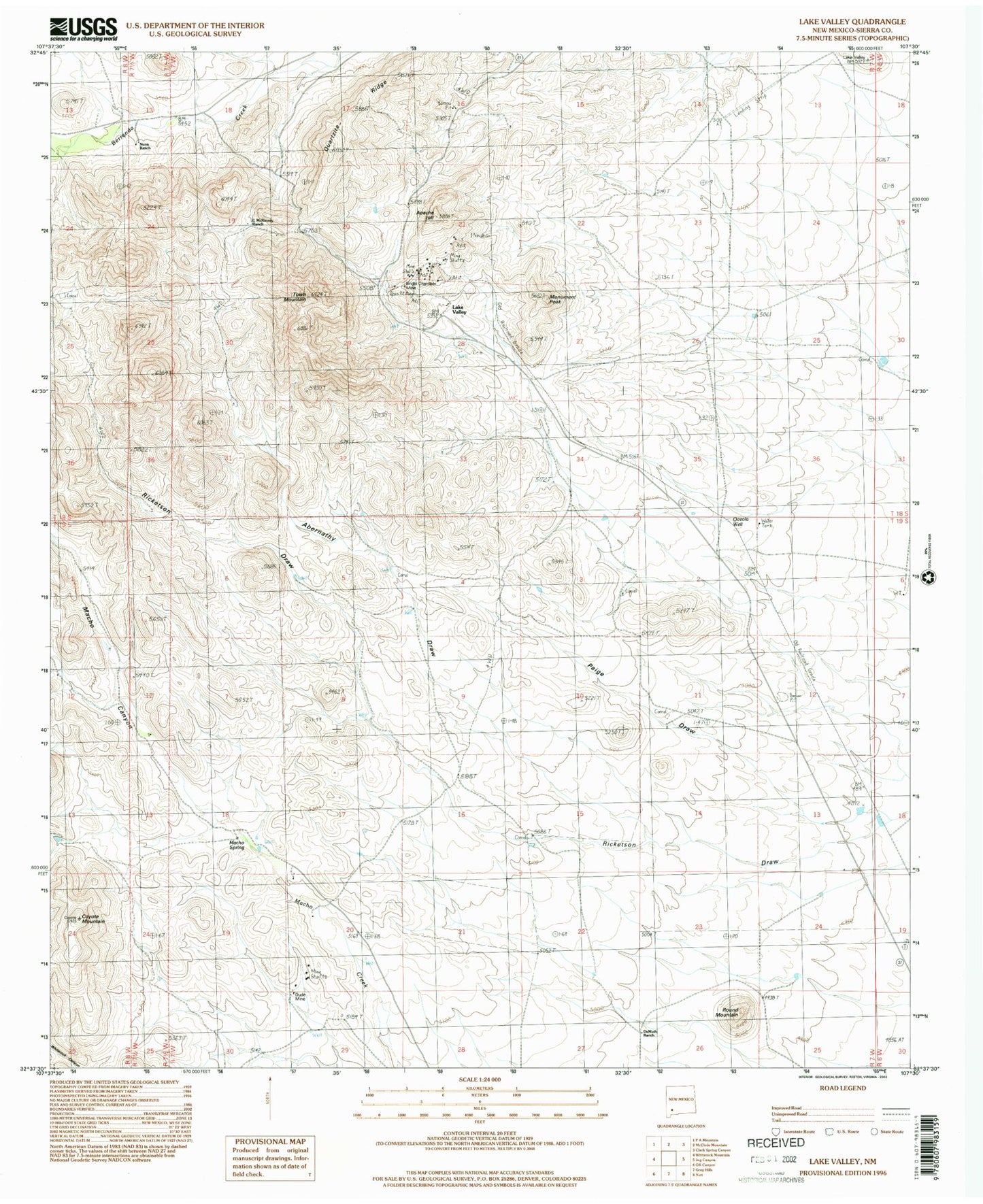 Classic USGS Lake Valley New Mexico 7.5'x7.5' Topo Map Image