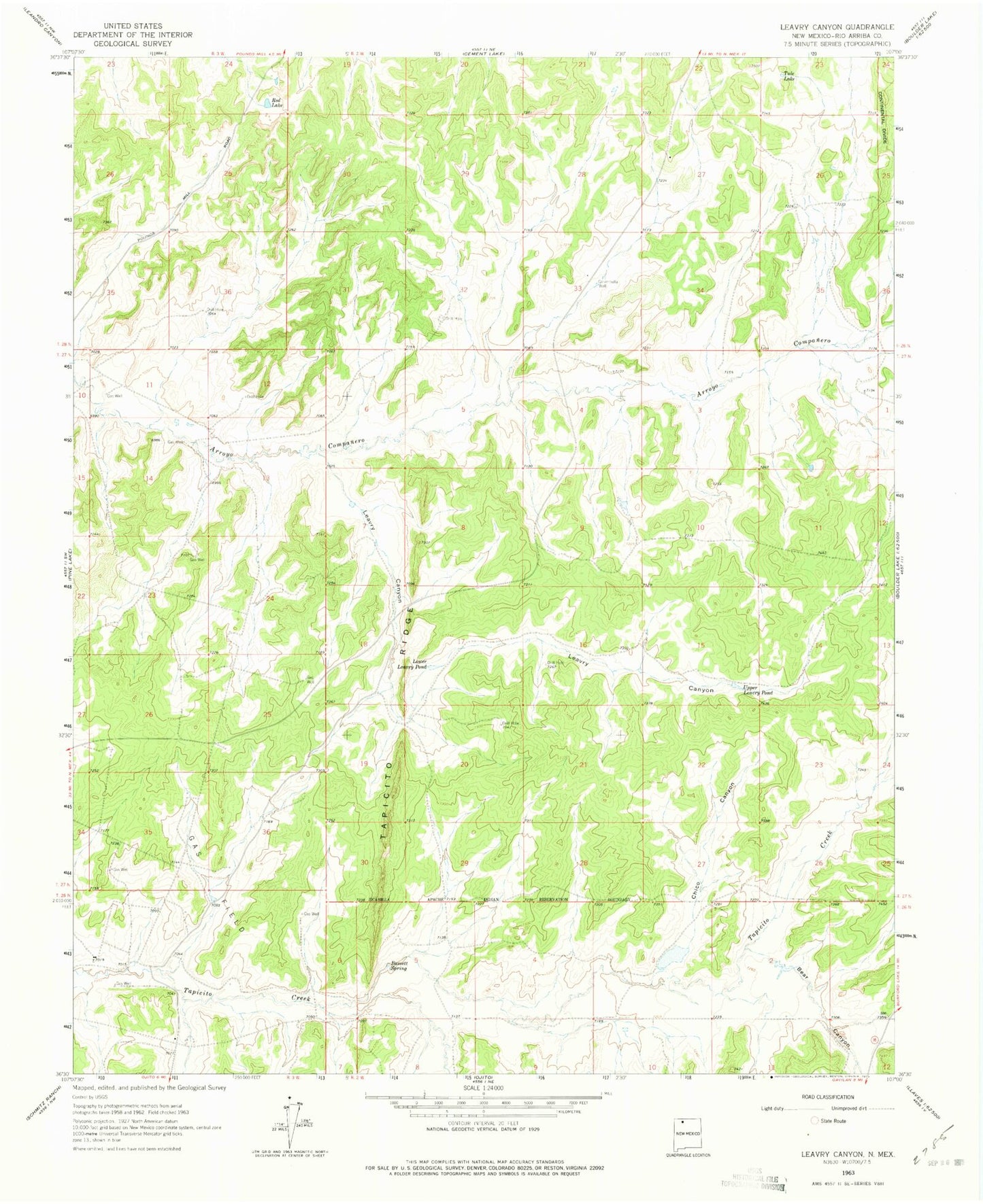 Classic USGS Leavry Canyon New Mexico 7.5'x7.5' Topo Map Image