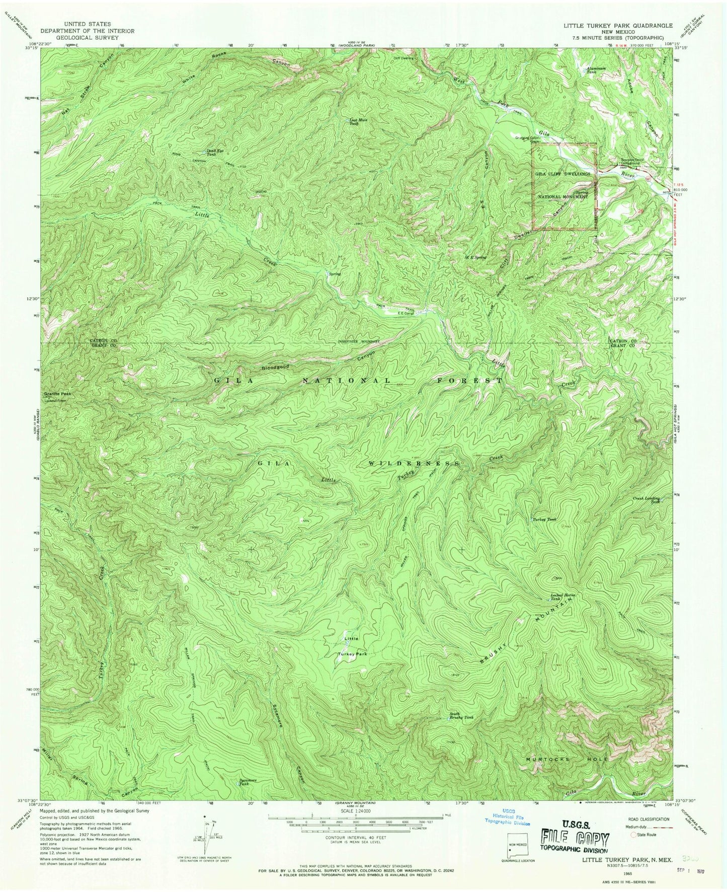 Classic USGS Little Turkey Park New Mexico 7.5'x7.5' Topo Map Image