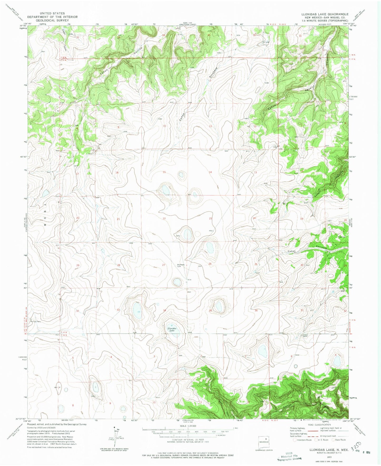 Classic USGS Llonidas Lake New Mexico 7.5'x7.5' Topo Map Image