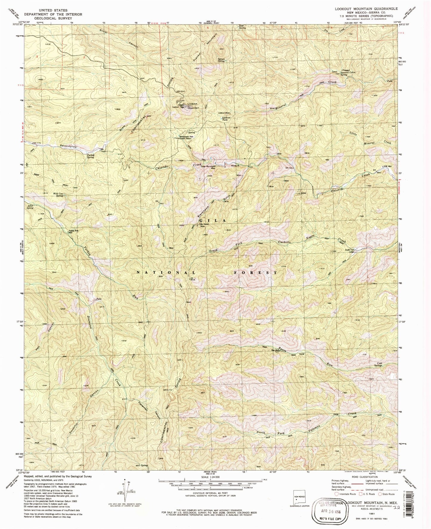 Classic USGS Lookout Mountain New Mexico 7.5'x7.5' Topo Map Image