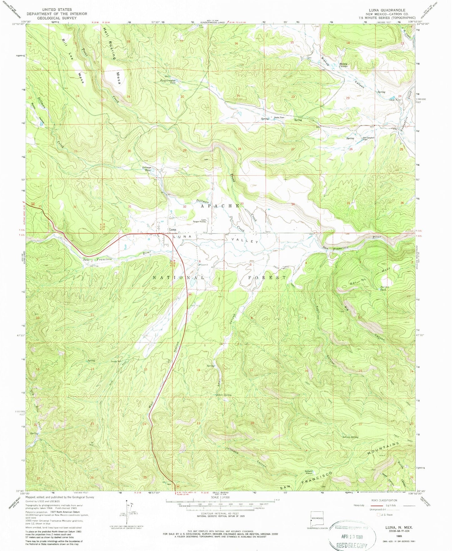 Classic USGS Luna New Mexico 7.5'x7.5' Topo Map Image
